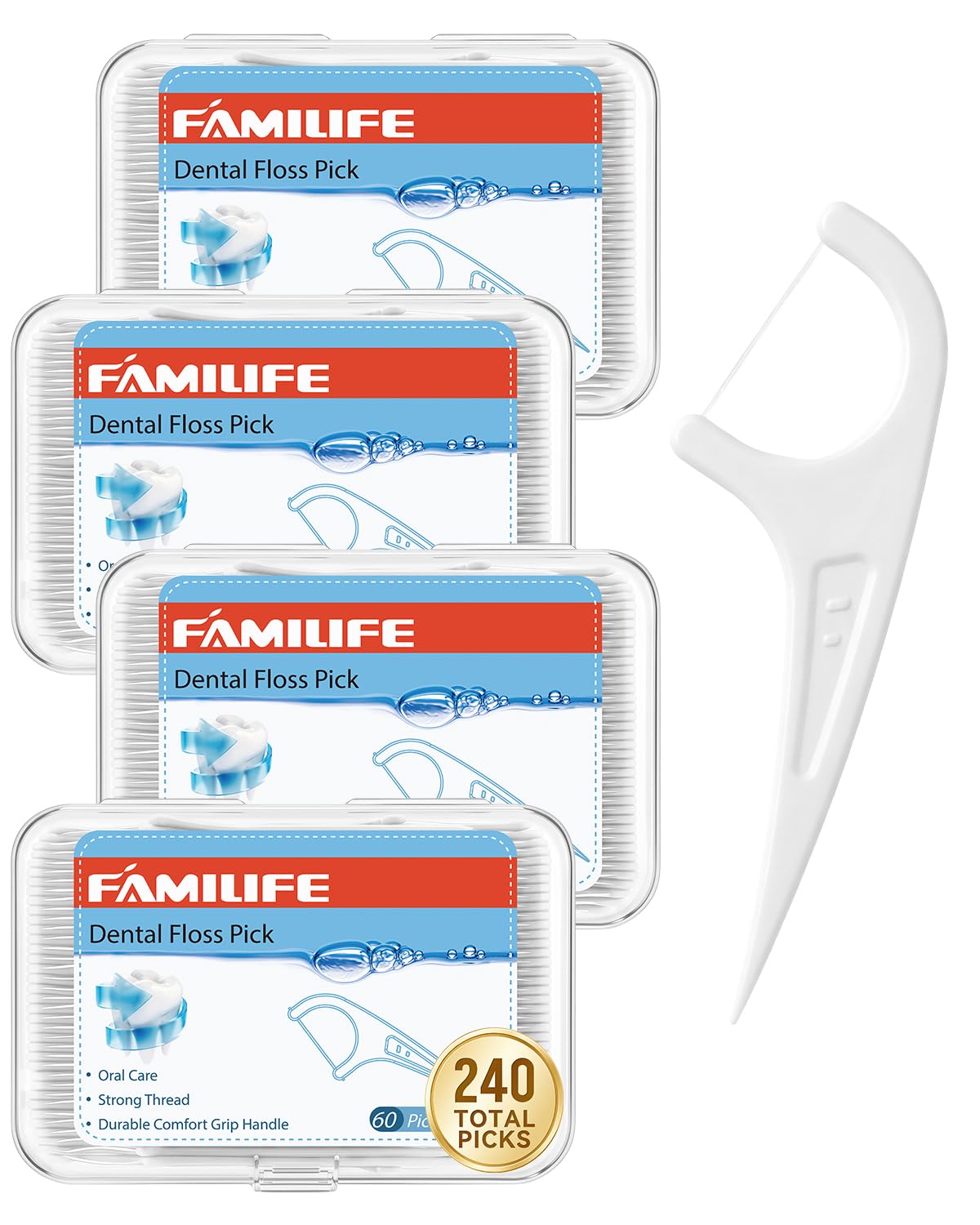FAMILIFE Floss Picks, 240 Count Mint Dental Floss Picks with 4 Travel Cases