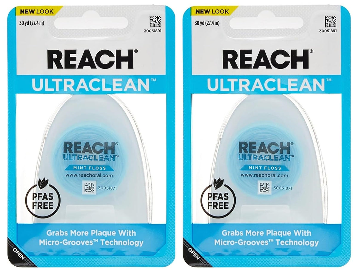REACH Ultraclean Dental Floss, Mint, Plaque Remover for Teeth, Shred Resistant, Waxed, Easy on Gums & Teeth, Mint, Oral Care, PFAS Free, for Adults & Kids, 6 Pack, 30 yd
