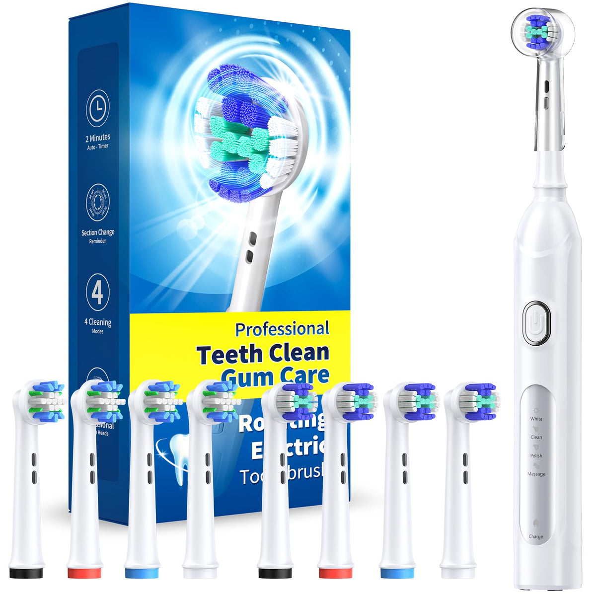 Rotating Electric Toothbrush for Adults, 8 Heads 2 Types, 4 Modes, Pink