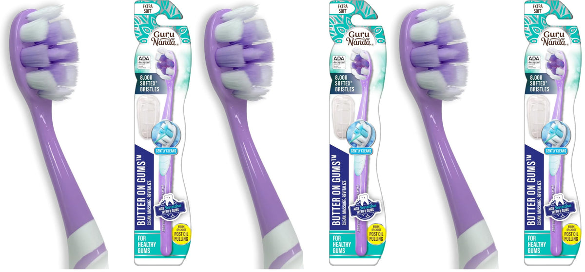 GuruNanda Butter On Gums Toothbrush, ADA Accepted Manual Toothbrushes with 8000+ Ultra Soft Softex Bristles for Sensitive & Receding Gums, Perfect for Whiter Teeth, Assorted Colors, 6 Ct