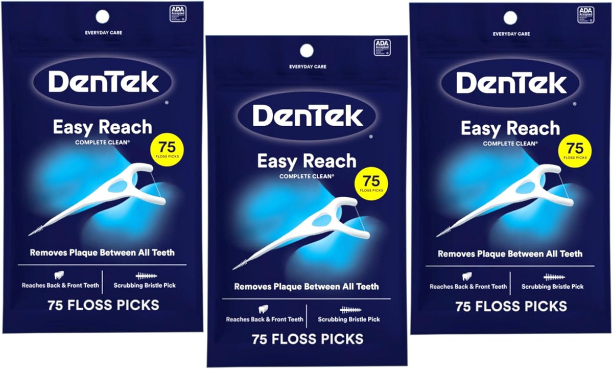 Dentek Floss Picks, Easy Reach for Complete Clean, 75 Count, Pack of 3