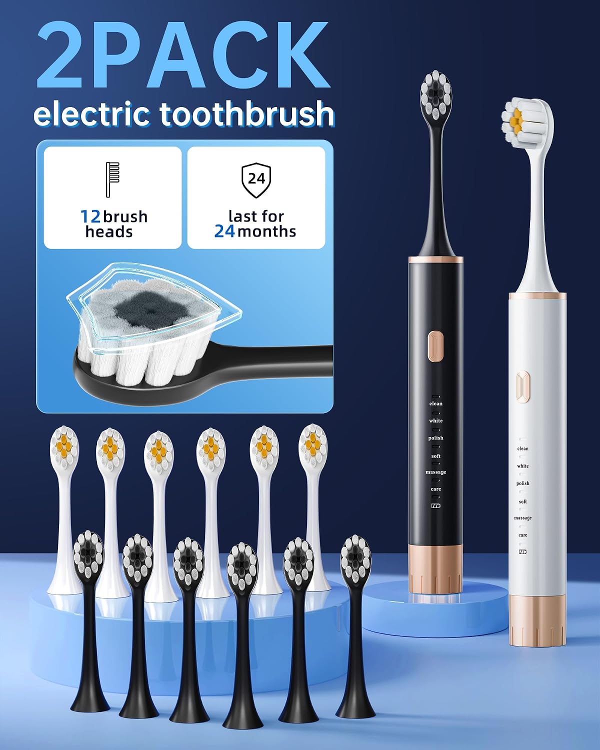 Aneebart Sonic 2 Pack Electric Toothbrush for Adults, Travel Toothbrush Includes 12 Replacement Toothbrush Heads, 6 Modes with 2 MIN Smart Timer (Black White)