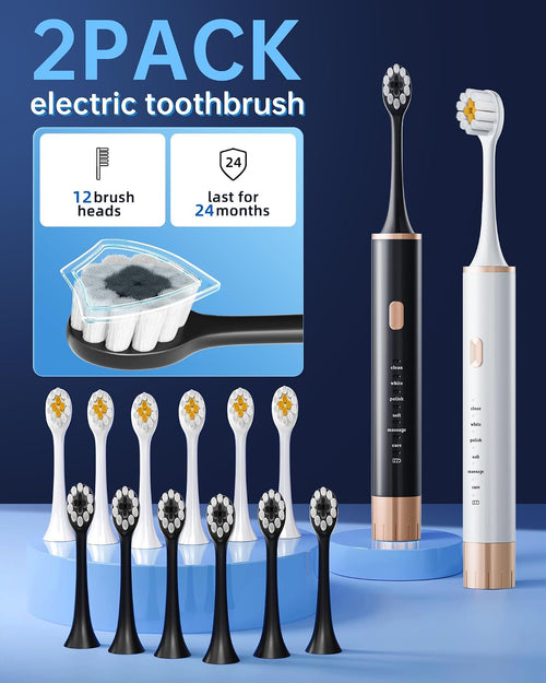 Aneebart Sonic 2 Pack Electric Toothbrush for Adults, Travel Toothbrush Includes 12 Replacement Toothbrush Heads, 6 Modes with 2 MIN Smart Timer (Black White)