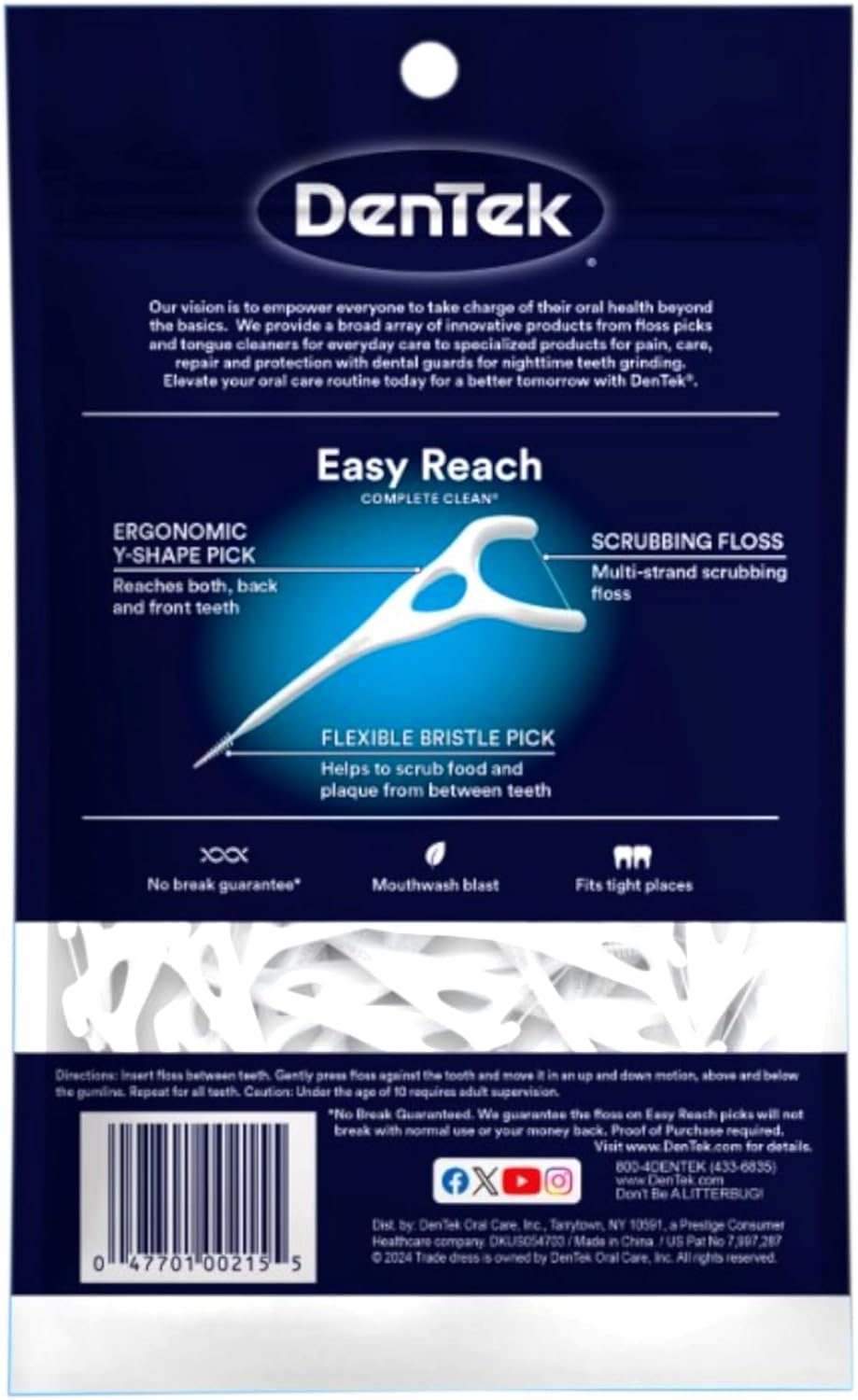 Dentek Floss Picks, Easy Reach for Complete Clean, 75 Count, Pack of 3