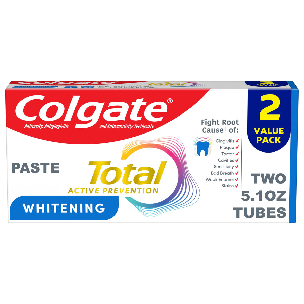 Colgate Total Whitening Fluoride Toothpaste, Mint, 2 Pack, 5.1 oz