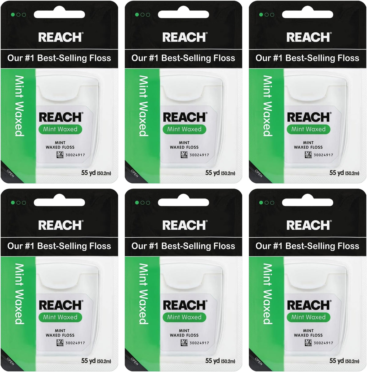 REACH Waxed Dental Floss, Mint, Plaque Remover for Teeth, Shred Resistant, Floss Slides Smoothly, Easy to Use, Waxed, Deep Cleaning Teeth, Oral Care, PFAS Free, for Adults & Kids, 6 Pack, 55 yd