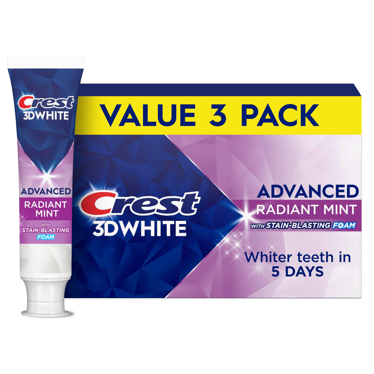 Crest 3D White Advanced Teeth Whitening Toothpaste, Crest 3D White Brilliance Toothpaste, Radiant Mint, 3.3 oz, Pack of 3 (Packaging May Vary)