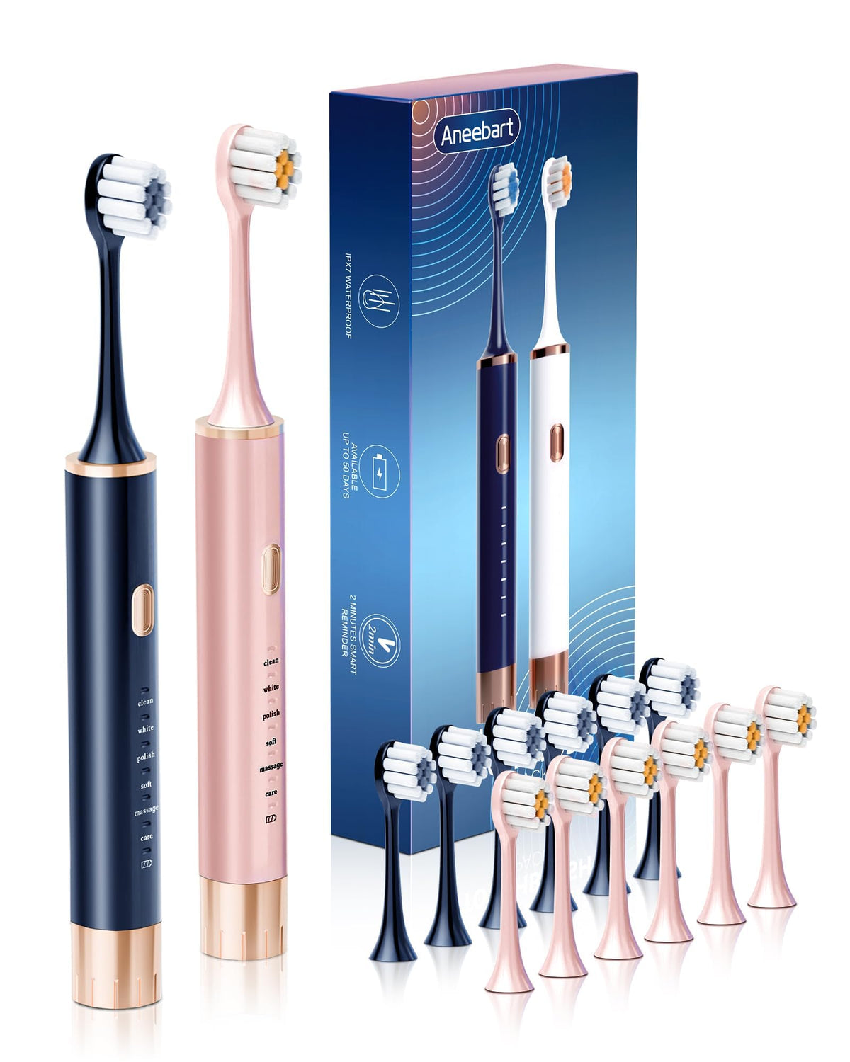 Aneebart Sonic 2 Pack Electric Toothbrush for Adults, Travel Toothbrush Includes 12 Replacement Toothbrush Heads, 6 Modes with 2 MIN Smart Timer (Black White)
