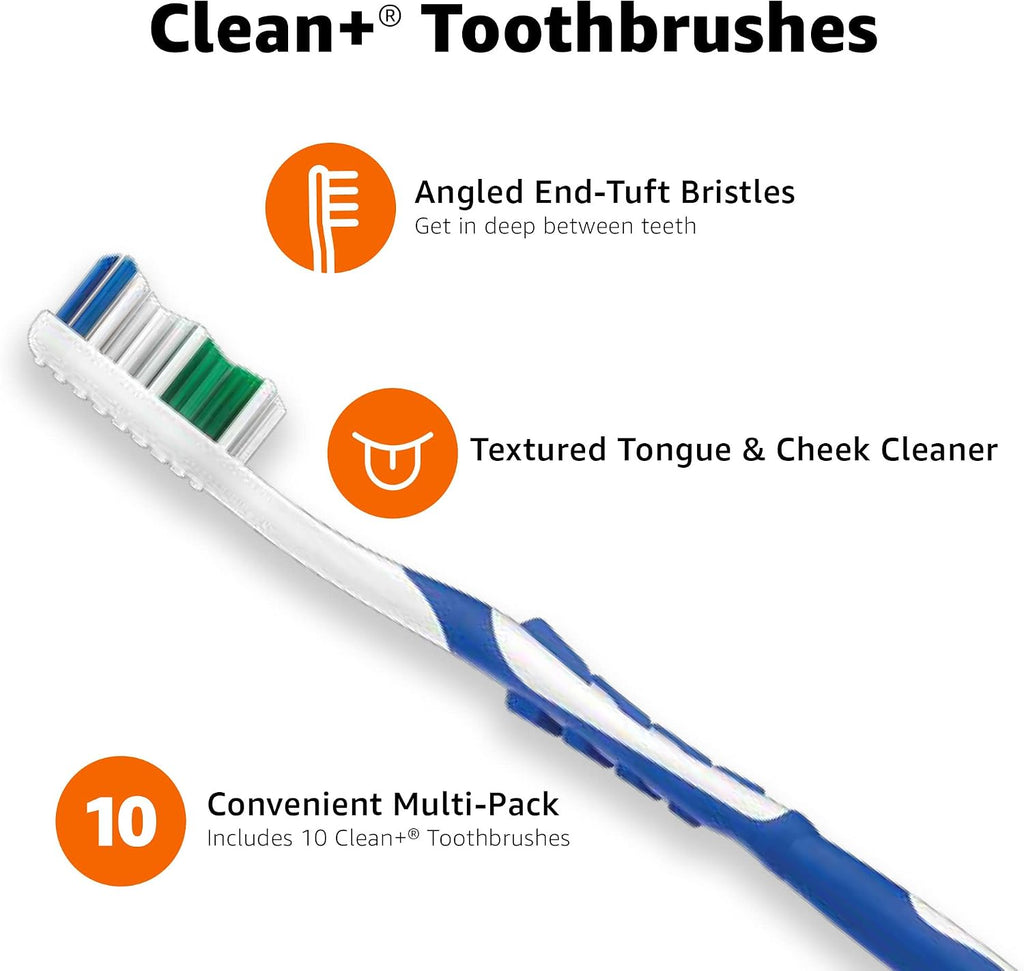 Amazon Basics Clean Plus Soft Bristle Toothbrushes with Angled End-Tuft, Cheek and Tongue Cleaner, Full Size, 10 Count, 1 Pack (Previously Solimo)