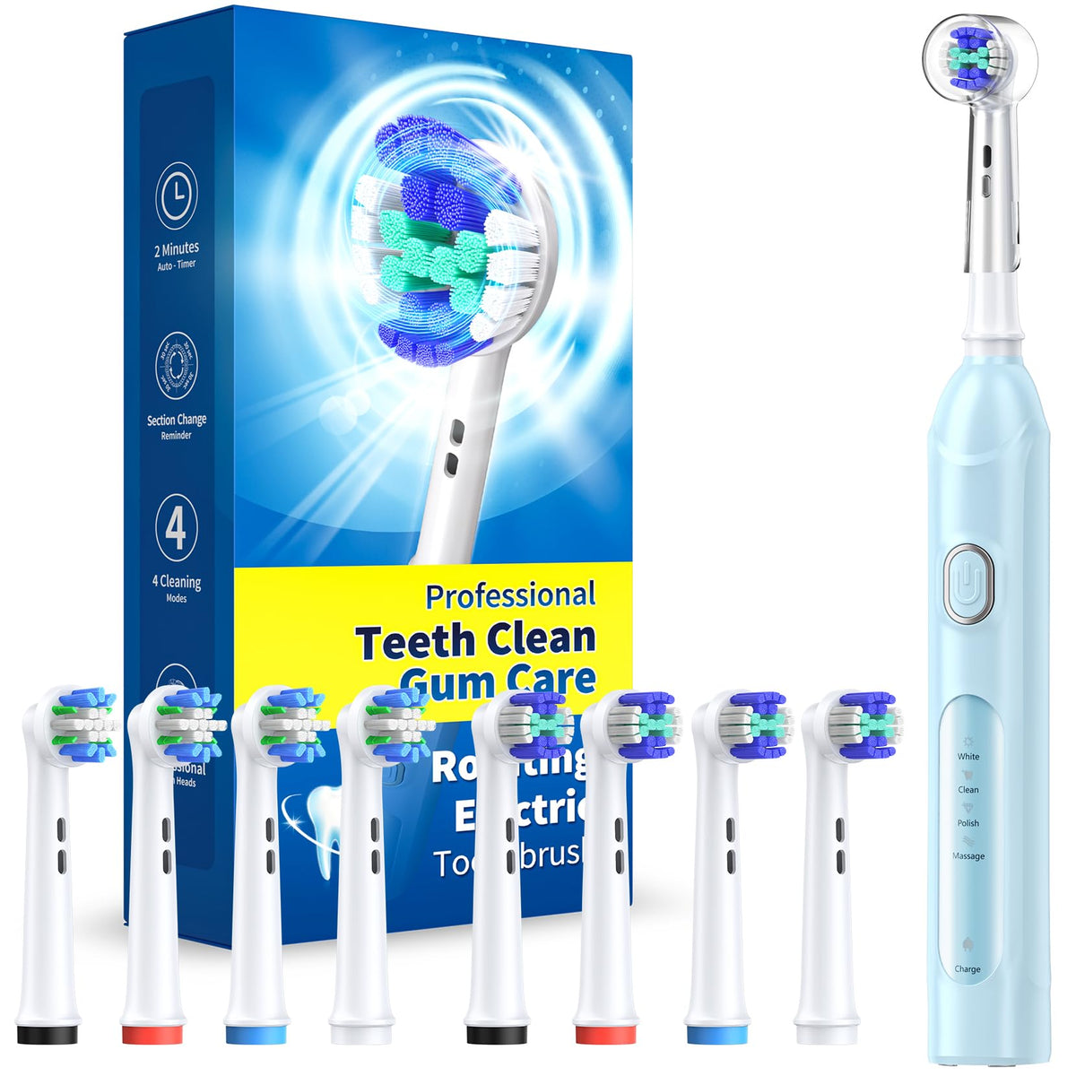 Rotating Electric Toothbrush for Adults, 8 Heads 2 Types, 4 Modes, Pink