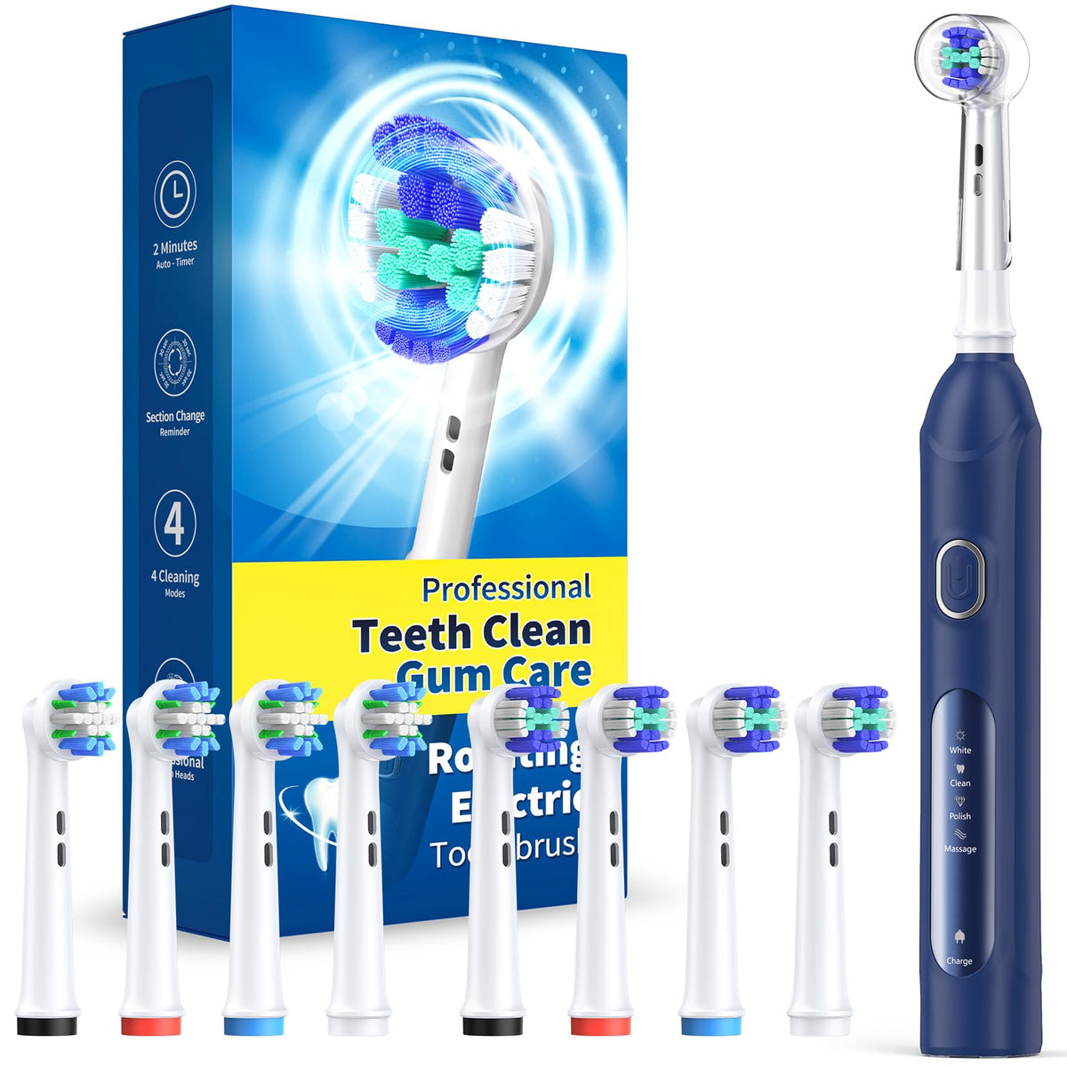 Rotating Electric Toothbrush for Adults, 8 Heads 2 Types, 4 Modes, Pink