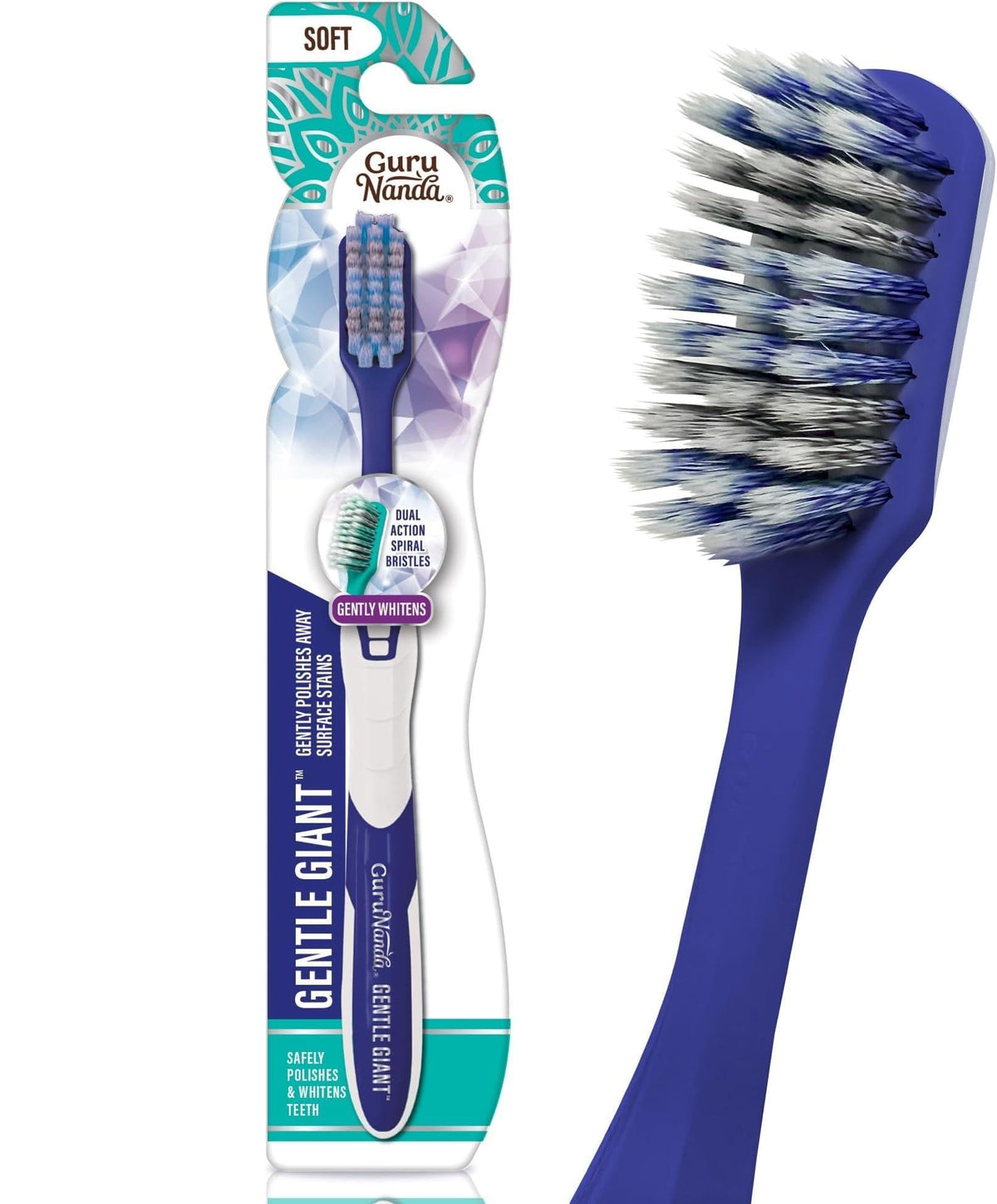 GuruNanda Gentle Giant Toothbrush with Dual Action Flossing Spiral Bristles, Non-Slip Ergo Dexa Grip, Helps in Teeth Whitening, BPA Free Manual Toothbrushes, Assorted Colors, 4 Count