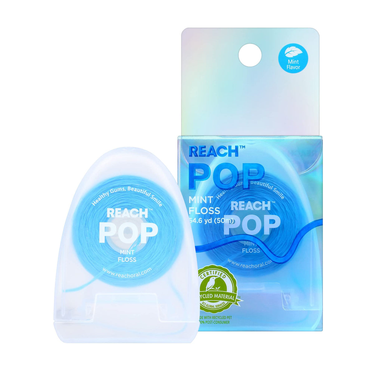 REACH POP Dental Floss, Mint, Plaque Remover for Teeth, Shred Resistant, Vegan Wax, Cruelty Free, Eco Friendly Packaging, Oral Care, PFAS Free, for Adults & Kids, 3 Pack, 54.6 yd