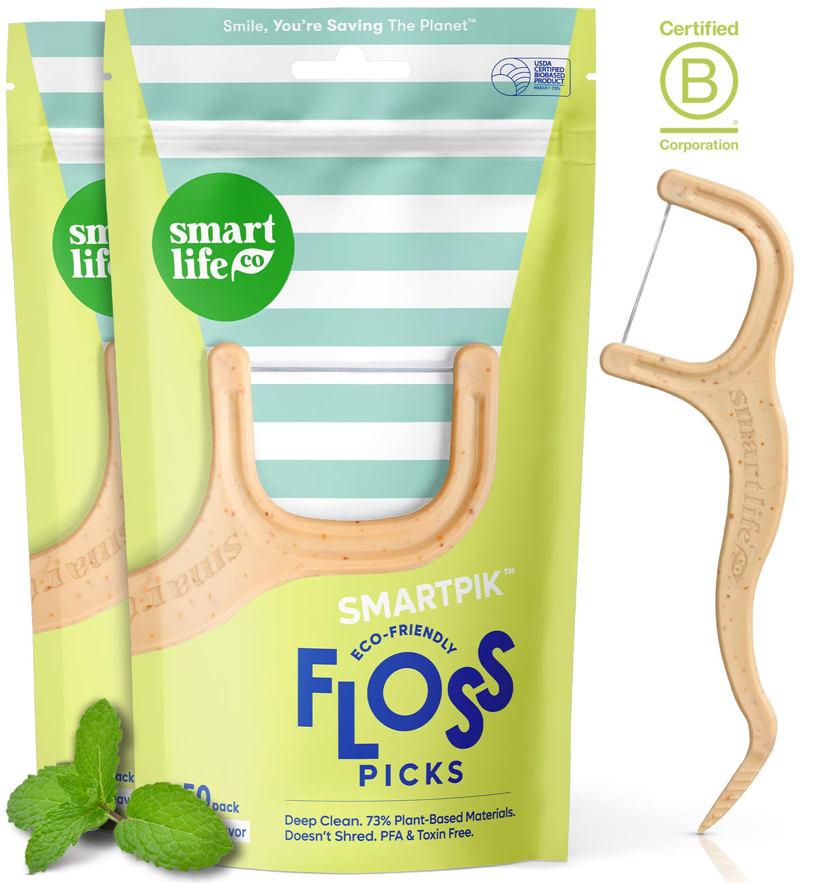 SmartLifeco Eco-Friendly Dental Floss Picks (200ct) - Flossers Made with Straw Wheat Blend, Superior Anti-Shred Thread for Tight Gaps, Tooth Pick Stick for Adults, Soft on Gum & Teeth, Vegan, Mint