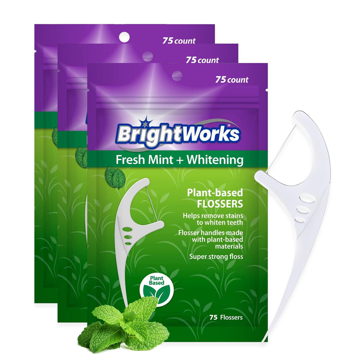 Brightworks ECO Sustainable Floss Picks - 270 Count - PFAS Free -100% Post-Consumer Recycled Plastic, Super Strong Mint-Flavored Floss with Micro-Crystals