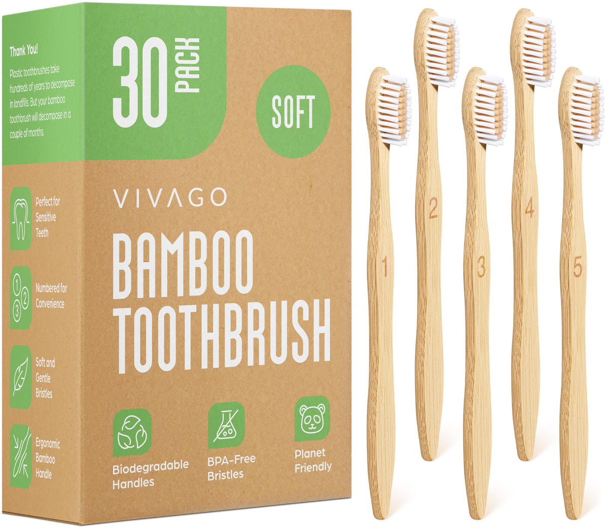 VIVAGO Bamboo Toothbrushes 10 Pack - Soft Bristles Toothbrushes for Adults