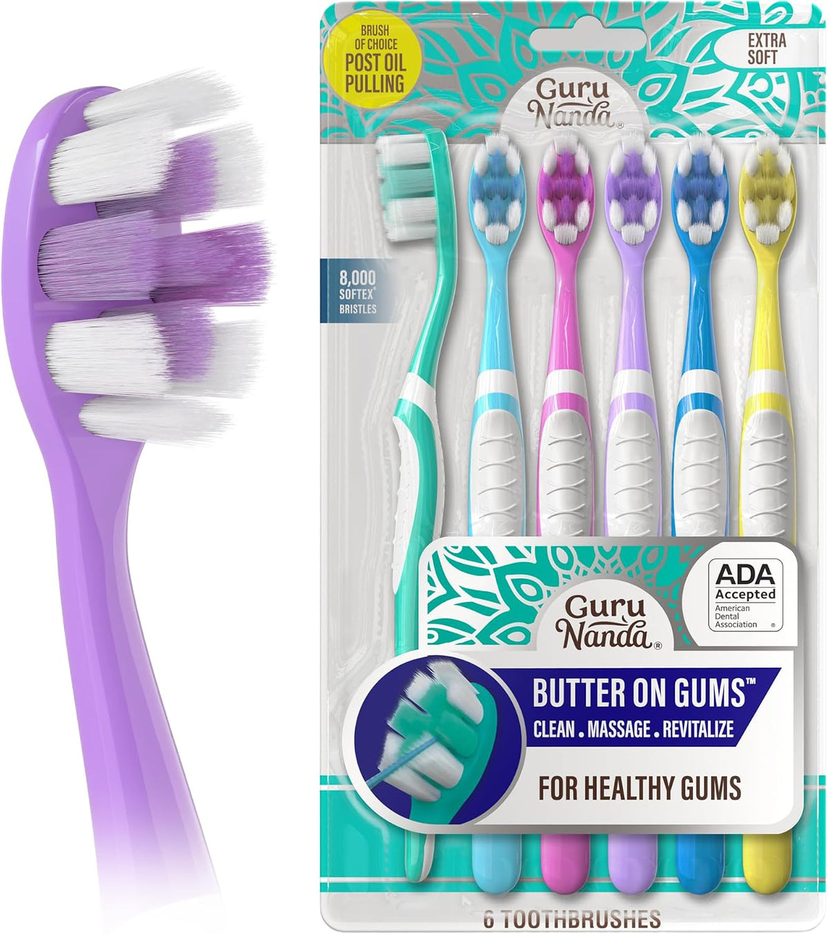 GuruNanda Butter On Gums Toothbrush, ADA Accepted Manual Toothbrushes with 8000+ Ultra Soft Softex Bristles for Sensitive & Receding Gums, Perfect for Whiter Teeth, Assorted Colors, 6 Ct