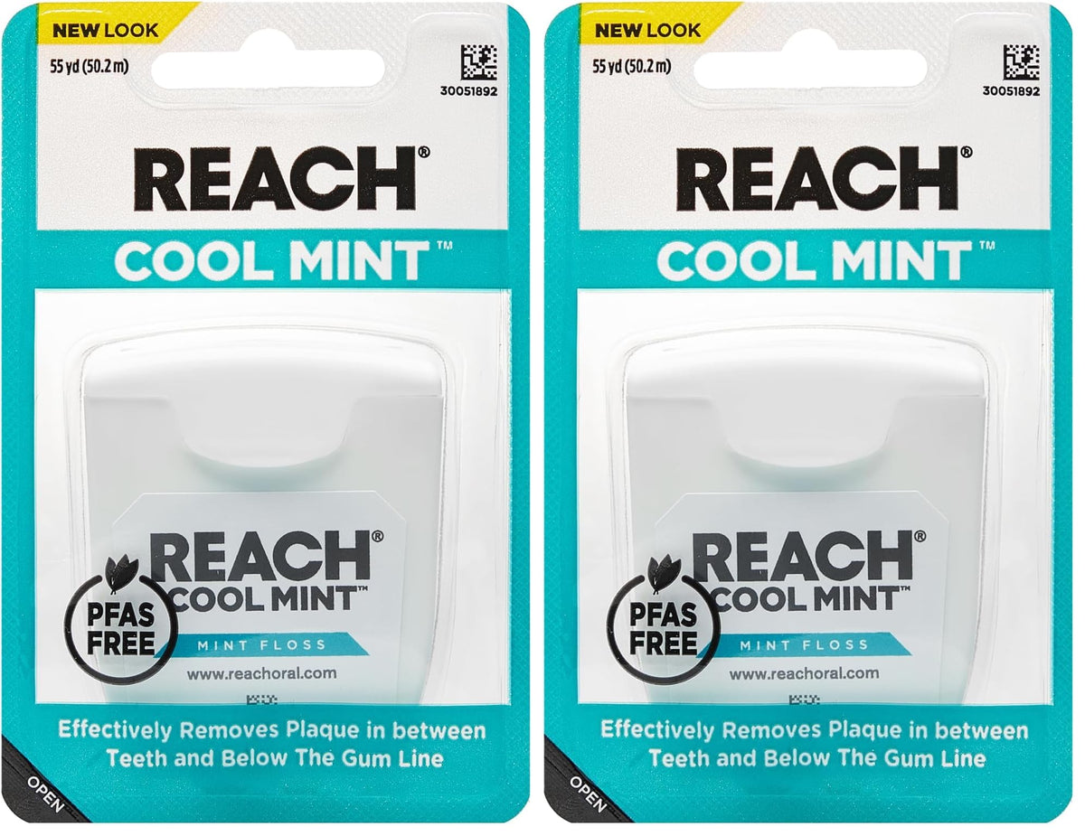 REACH Cool Mint Dental Floss, Fresh Mint, Plaque Remover for Teeth, Shred Resistant, Waxed, Easy on Gums & Teeth, Fresh Breath, Oral Care, PFAS Free, for Adults & Kids, 6 Pack, 55 yd