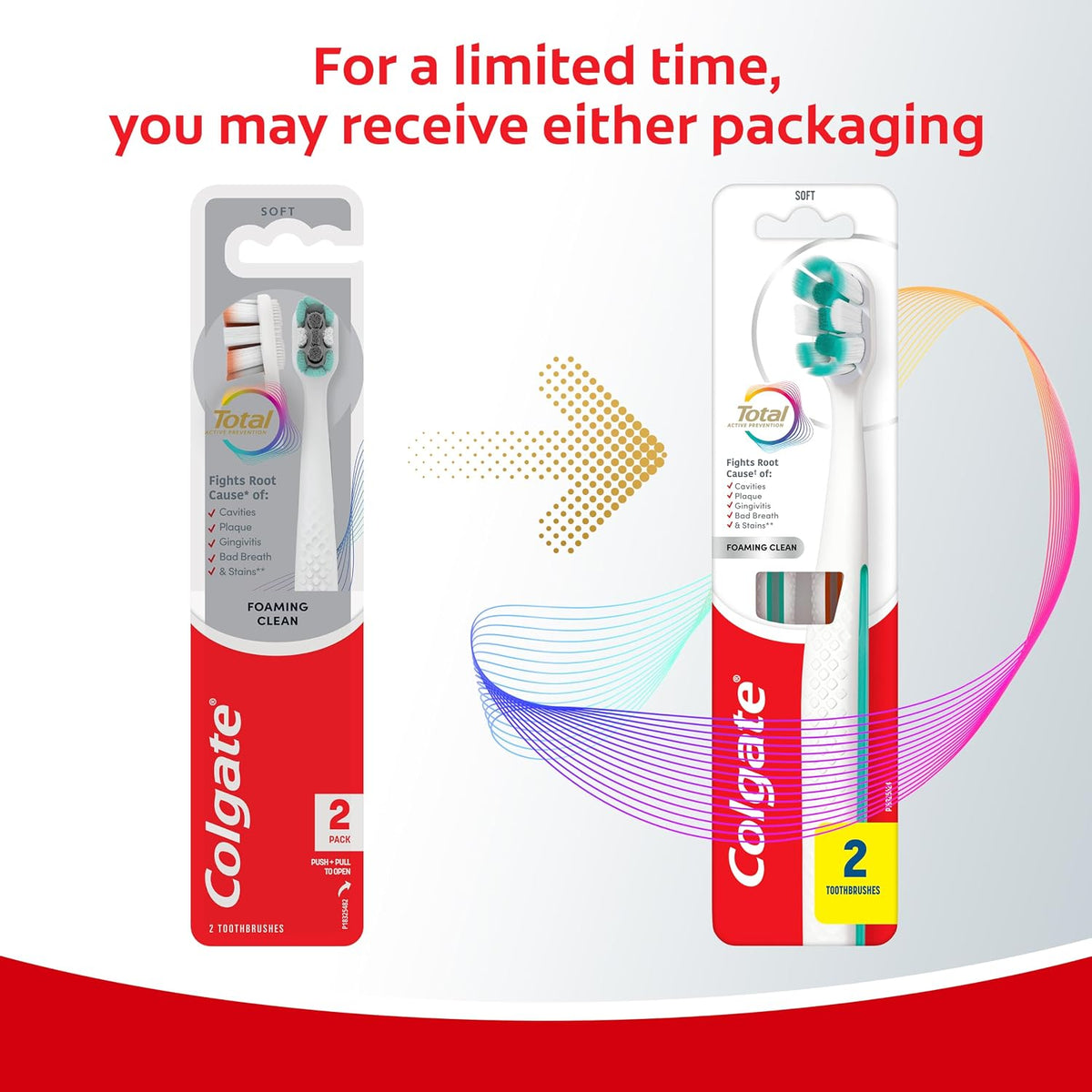 Colgate Total Foaming Clean Toothbrush, Soft, White, 2 Pack