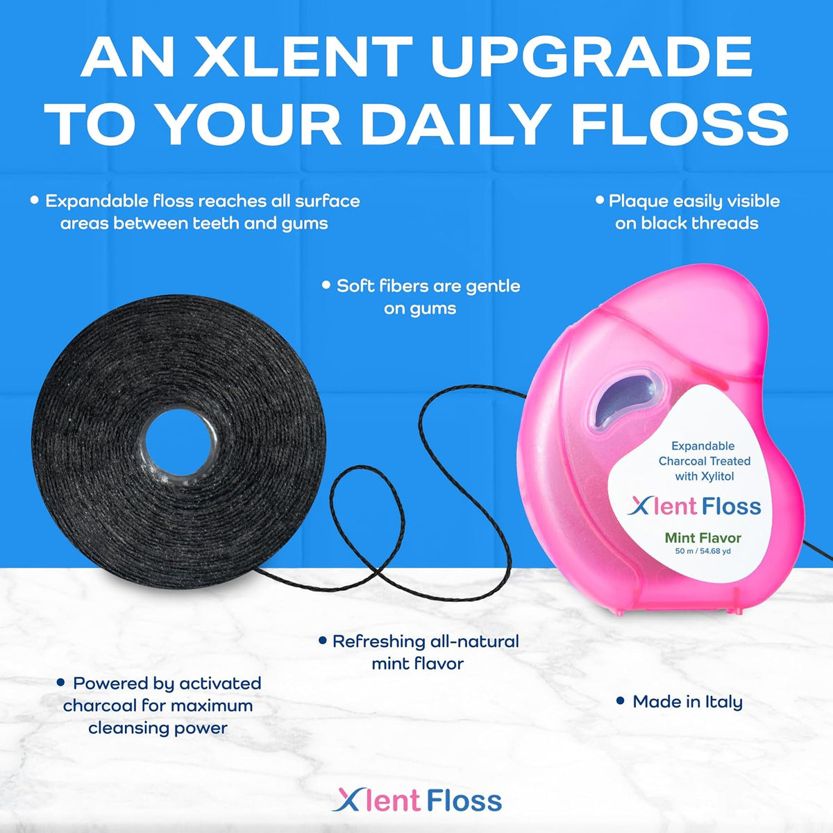 XLENT Expandable Charcoal Dental Floss, Refillable, Mint, 50m, 2-Pack