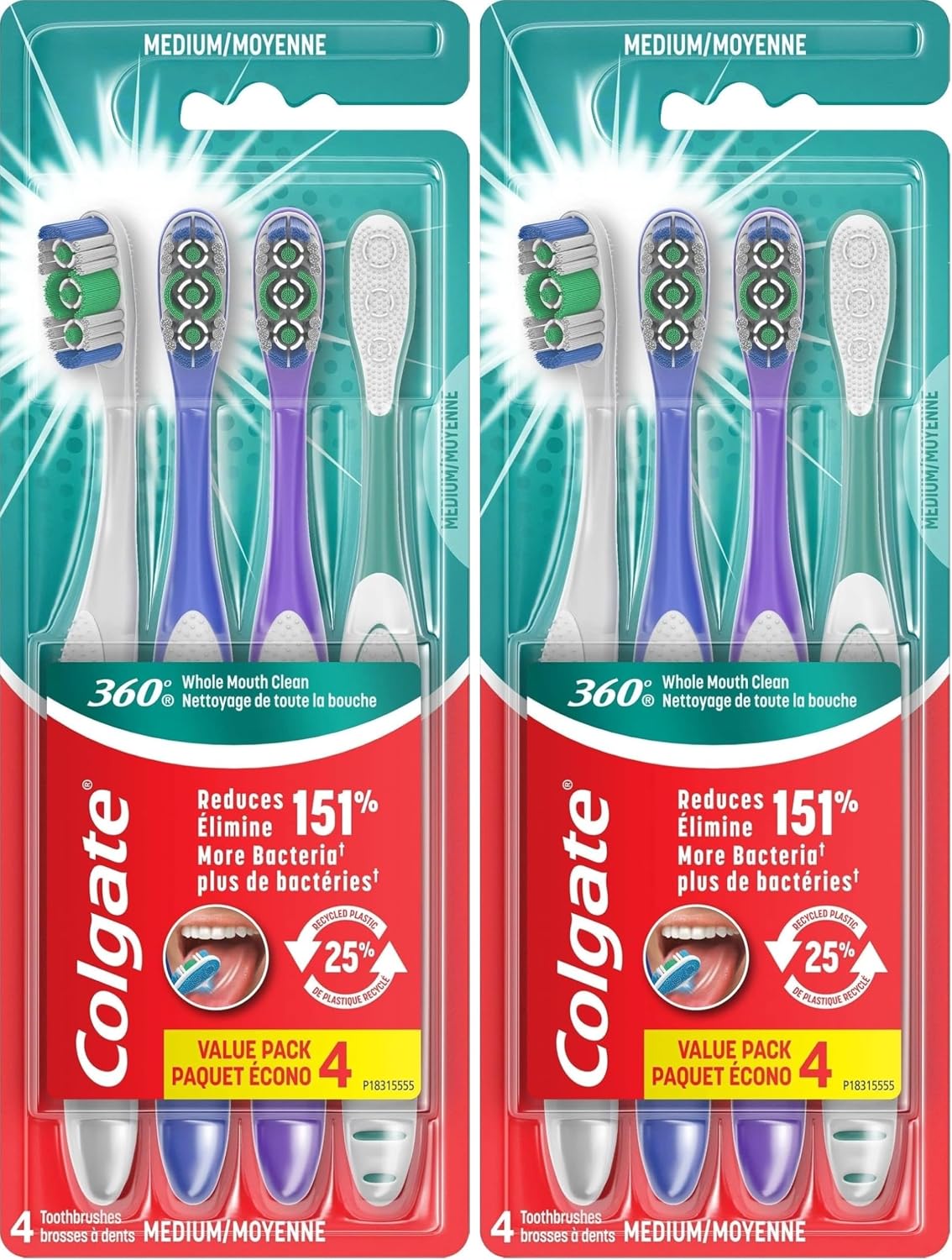 Colgate 360 Deep Clean 4-in-1 Bacteria Removal Toothbrushes, Medium, 4 Pack