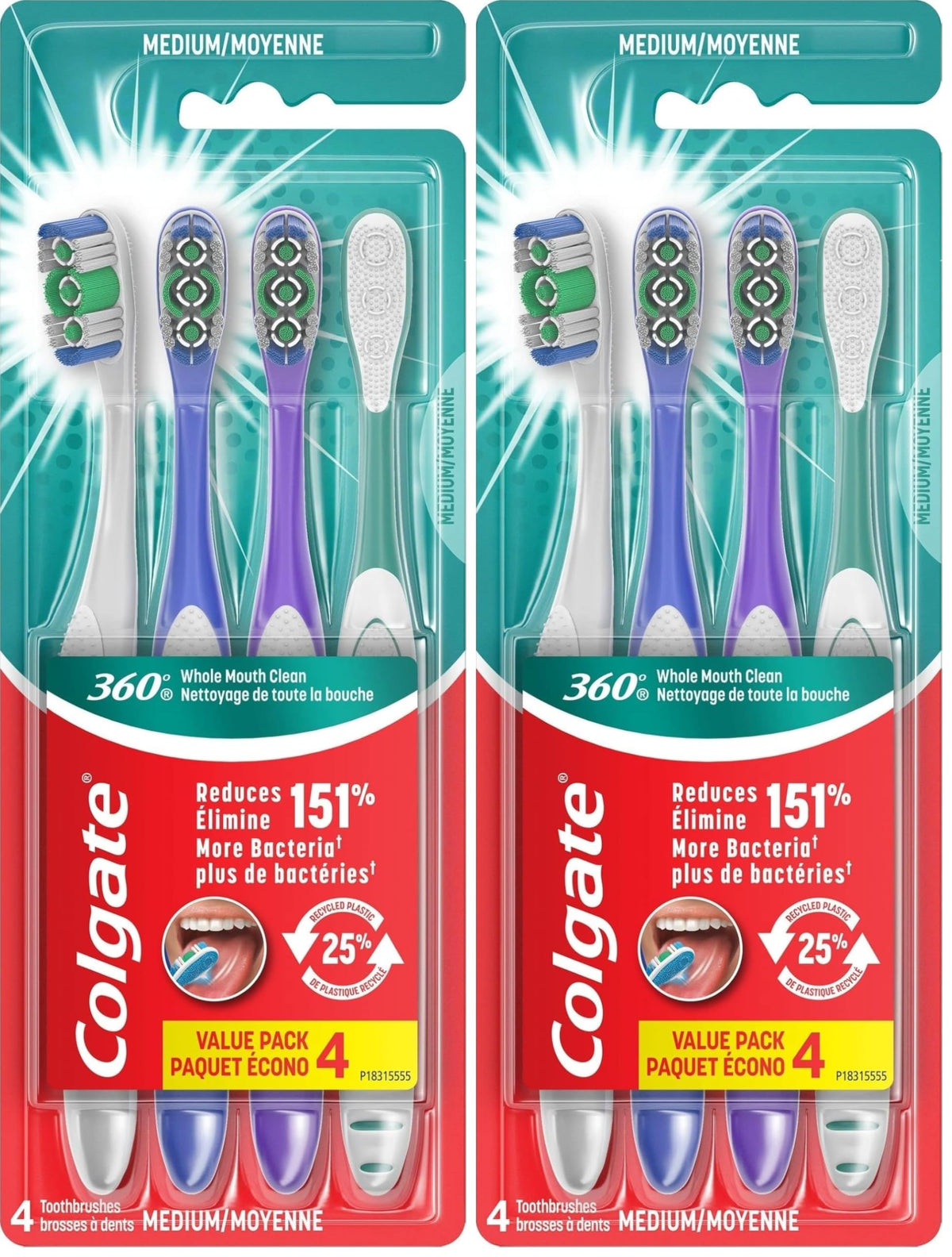 Colgate 360 Deep Clean 4-in-1 Bacteria Removal Toothbrushes, Medium, 4 Pack