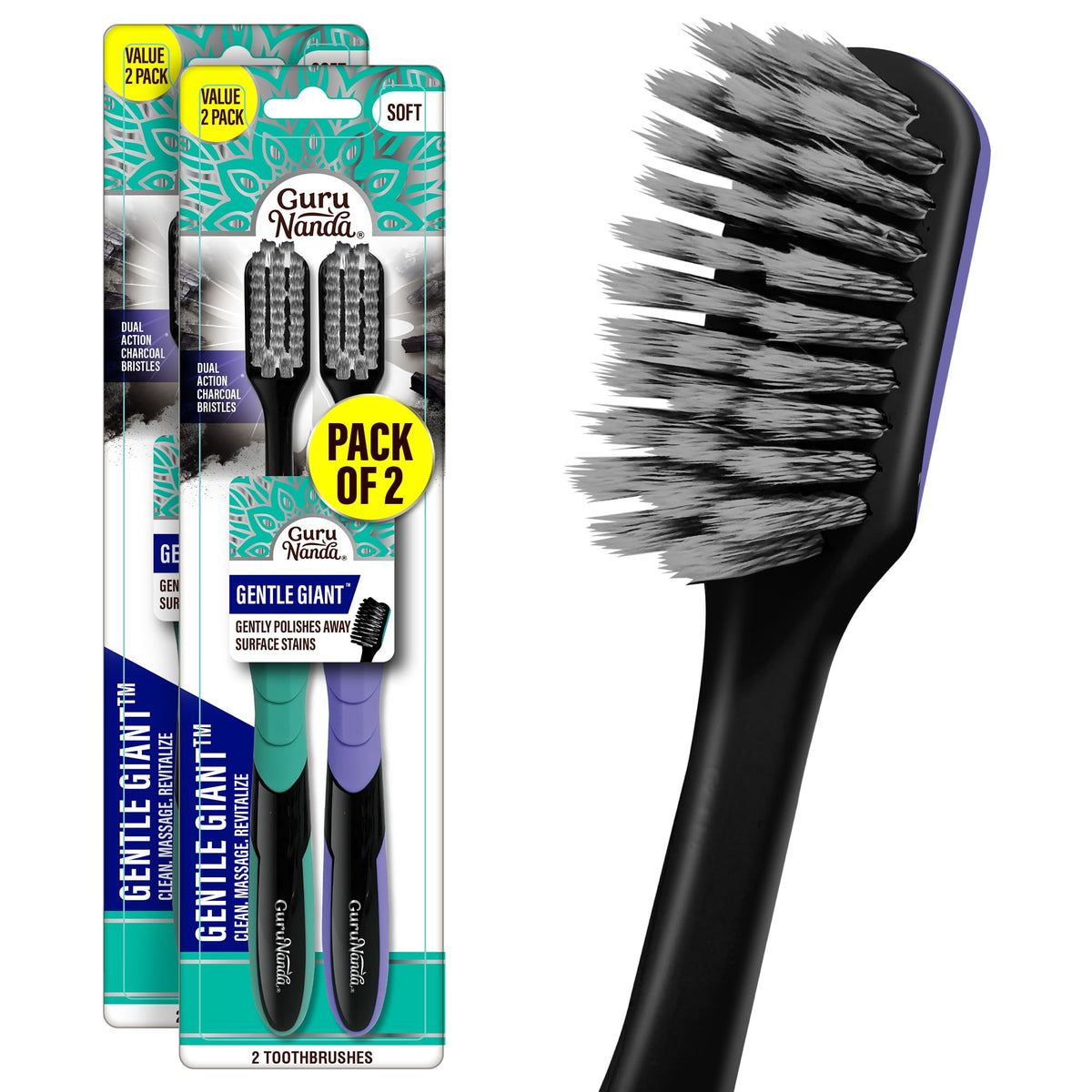 GuruNanda Gentle Giant Toothbrush with Dual Action Flossing Spiral Bristles, Non-Slip Ergo Dexa Grip, Helps in Teeth Whitening, BPA Free Manual Toothbrushes, Assorted Colors, 4 Count