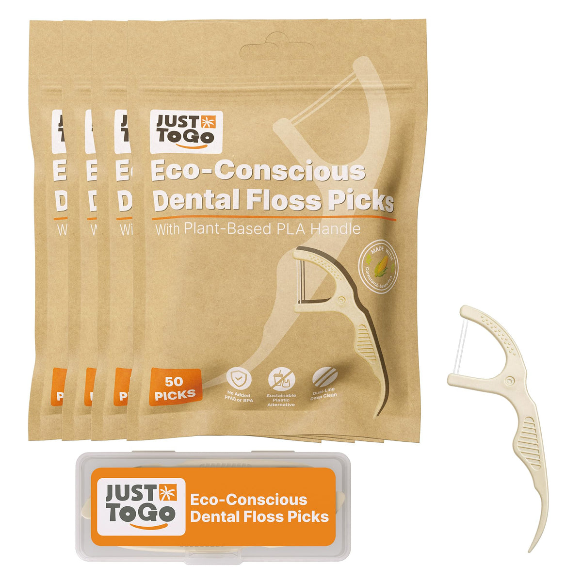 Dental Floss Picks, Dual-Line PLA Handle, Plant-Based, 200 Count