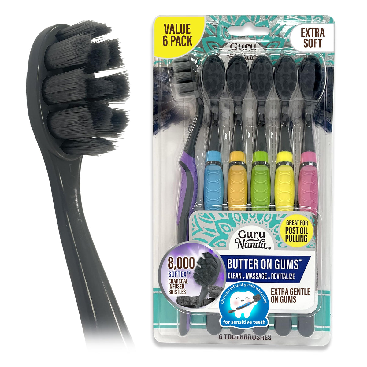 GuruNanda Butter on Gums Charcoal Toothbrush - 8000+ SoftexTM Bristles for Sensitive Teeth & Gums, Aids in Teeth Whitening, Extra Soft (6 Count)