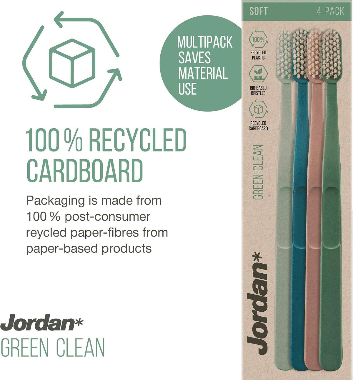 Jordan* ® | Green Clean Manual Toothbrush | Sustainable, Scandinavian Design, Soft Bristles, Mixed Colors | 4 Units