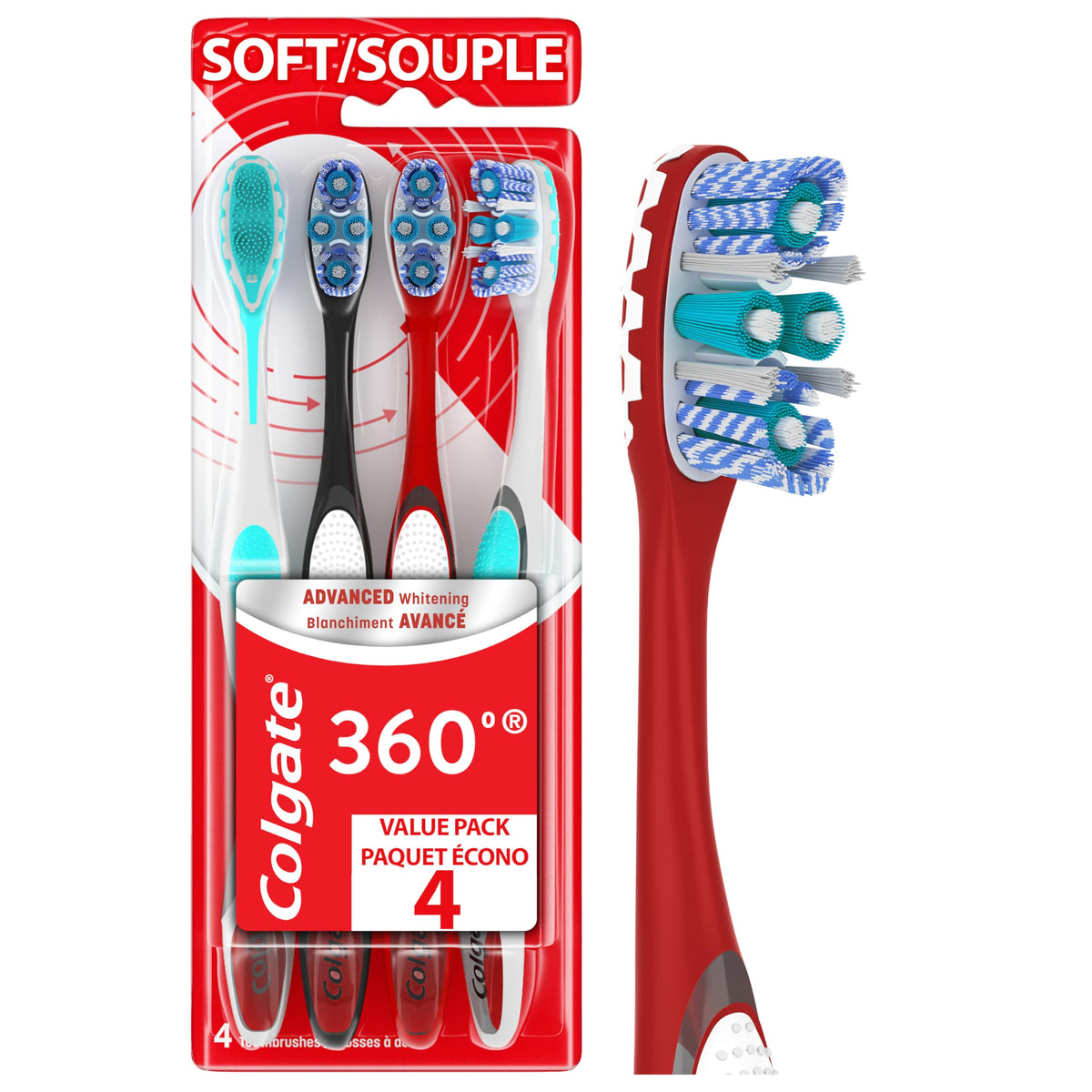 Colgate 360 Optic White Advanced Adult Whitening Toothbrush, Medium, 2 Pack