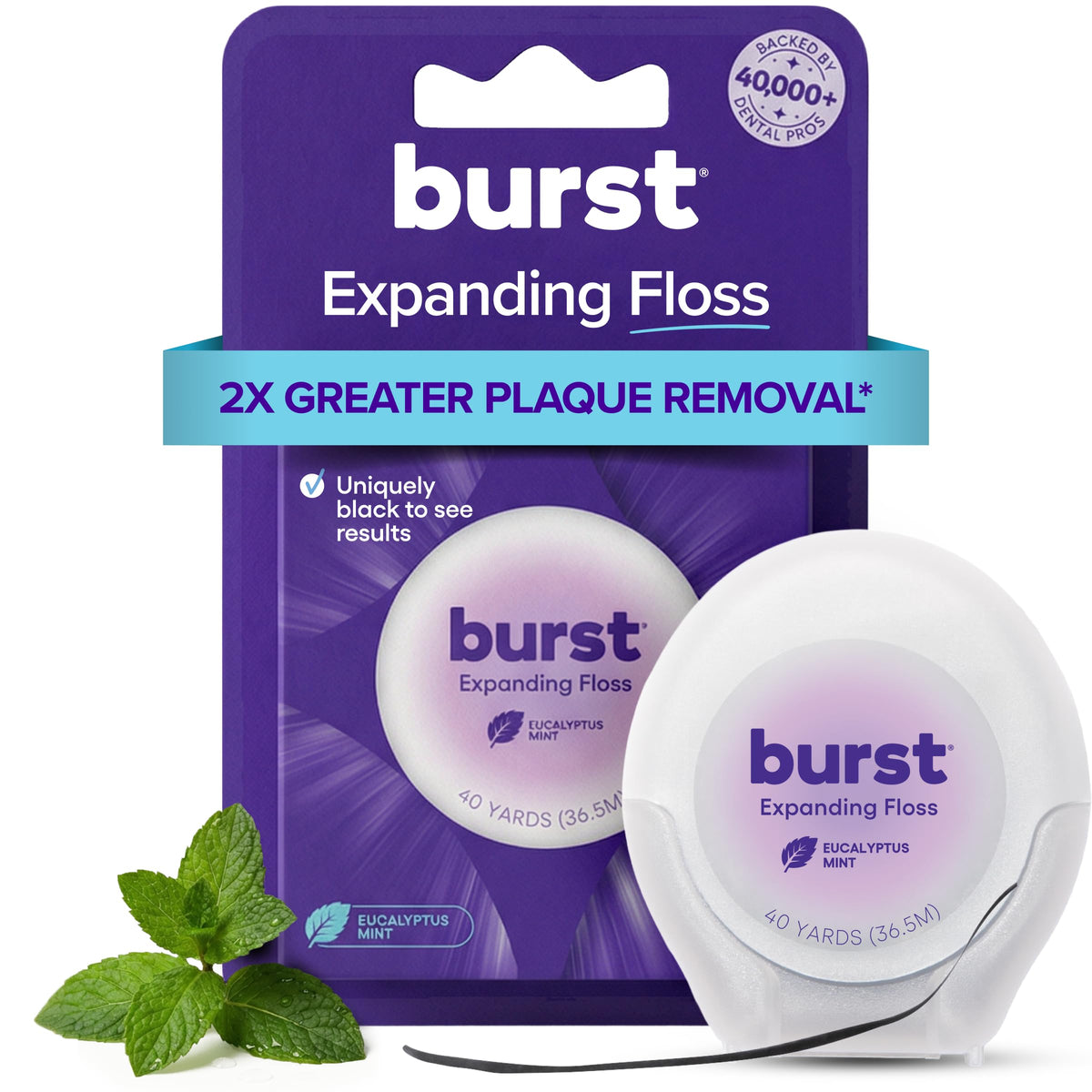 BURST Expanding Dental Floss (Mint Eucalyptus/40 Yards) | Stain Absorbing