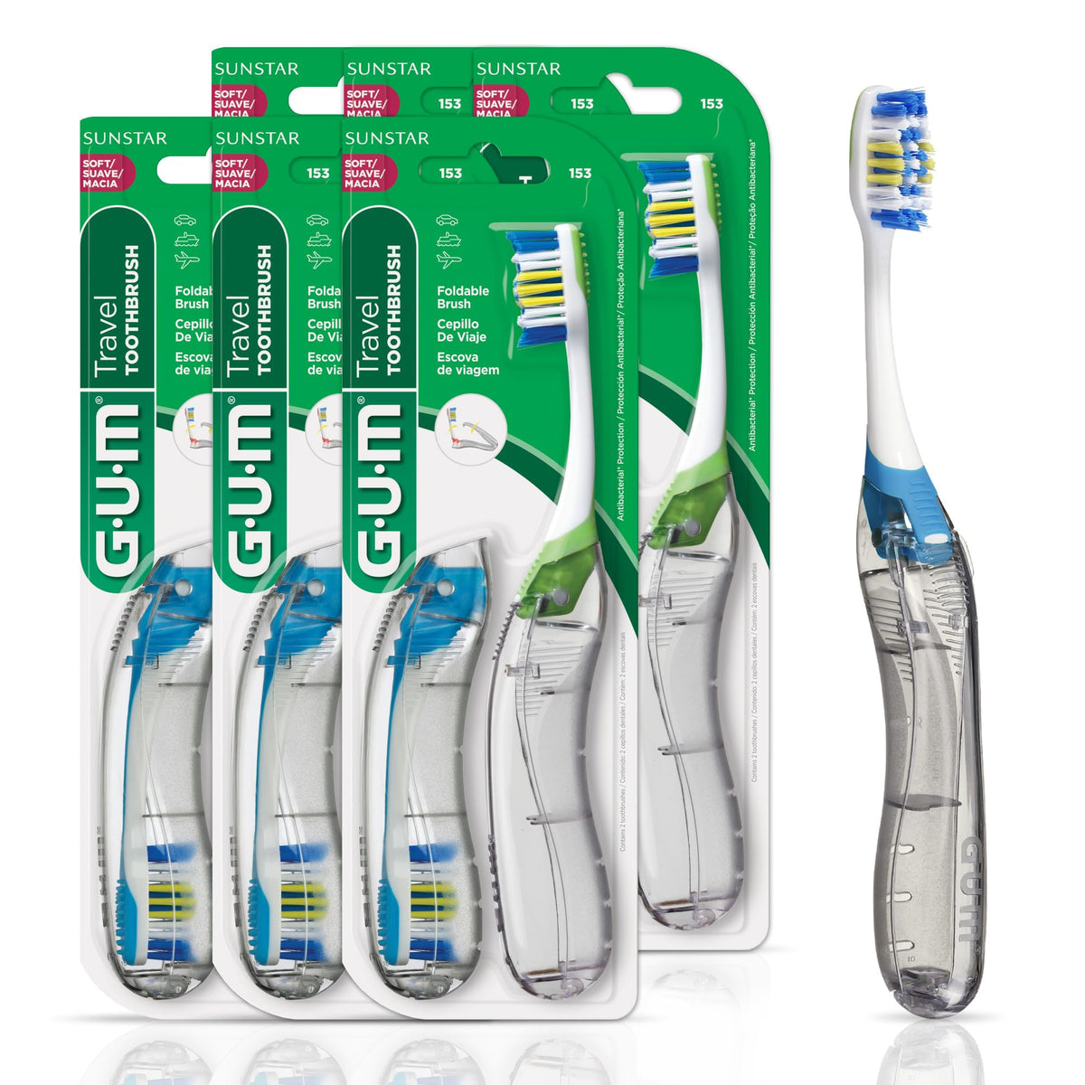 GUM Folding Travel Toothbrush, Soft Bristle, Compact Head, 1 Count (6 Pack)