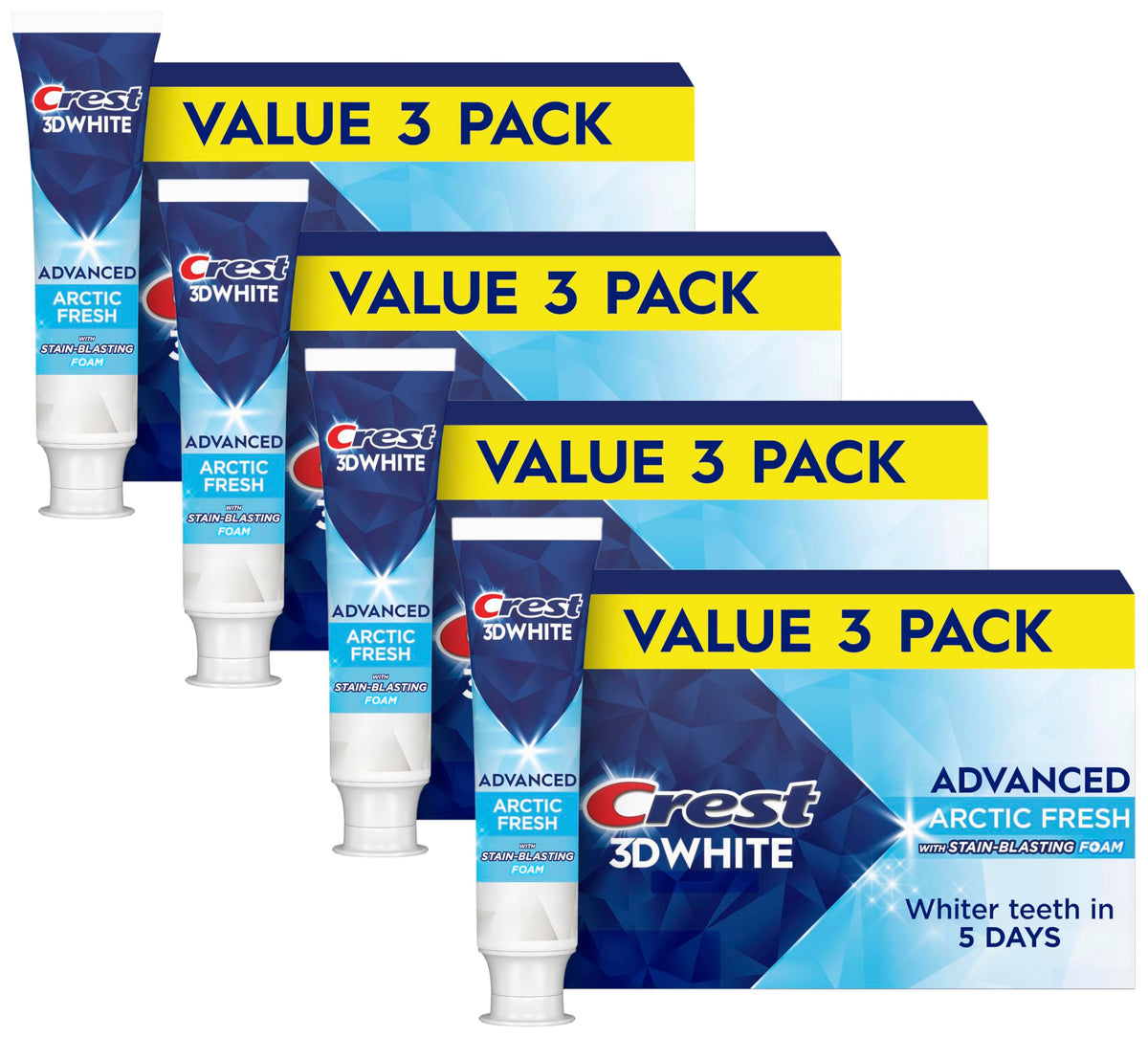 Crest 3D White Advanced Teeth Whitening Toothpaste, Arctic Fresh, 3.3 oz, Pack of 3 (Packaging May Vary)