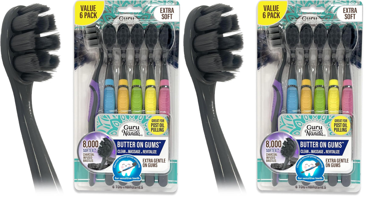 GuruNanda Butter on Gums Charcoal Toothbrush - 8000+ SoftexTM Bristles for Sensitive Teeth & Gums, Aids in Teeth Whitening, Extra Soft (6 Count)