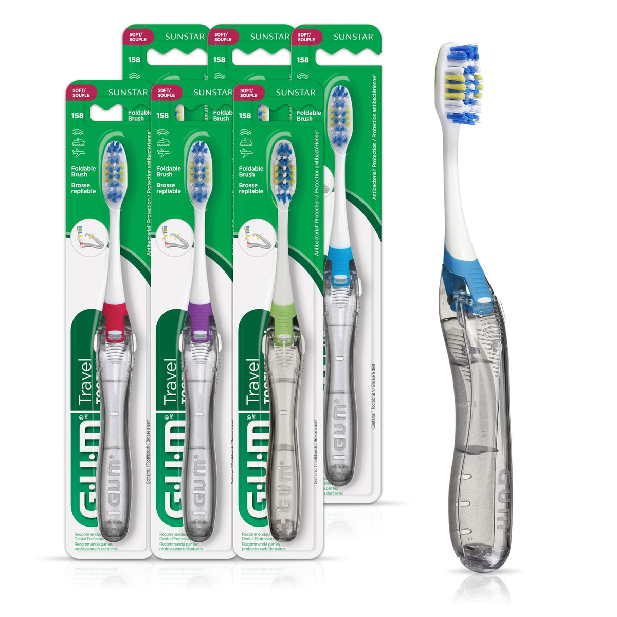 GUM Folding Travel Toothbrush, Soft Bristle, Compact Head, 1 Count (6 Pack)