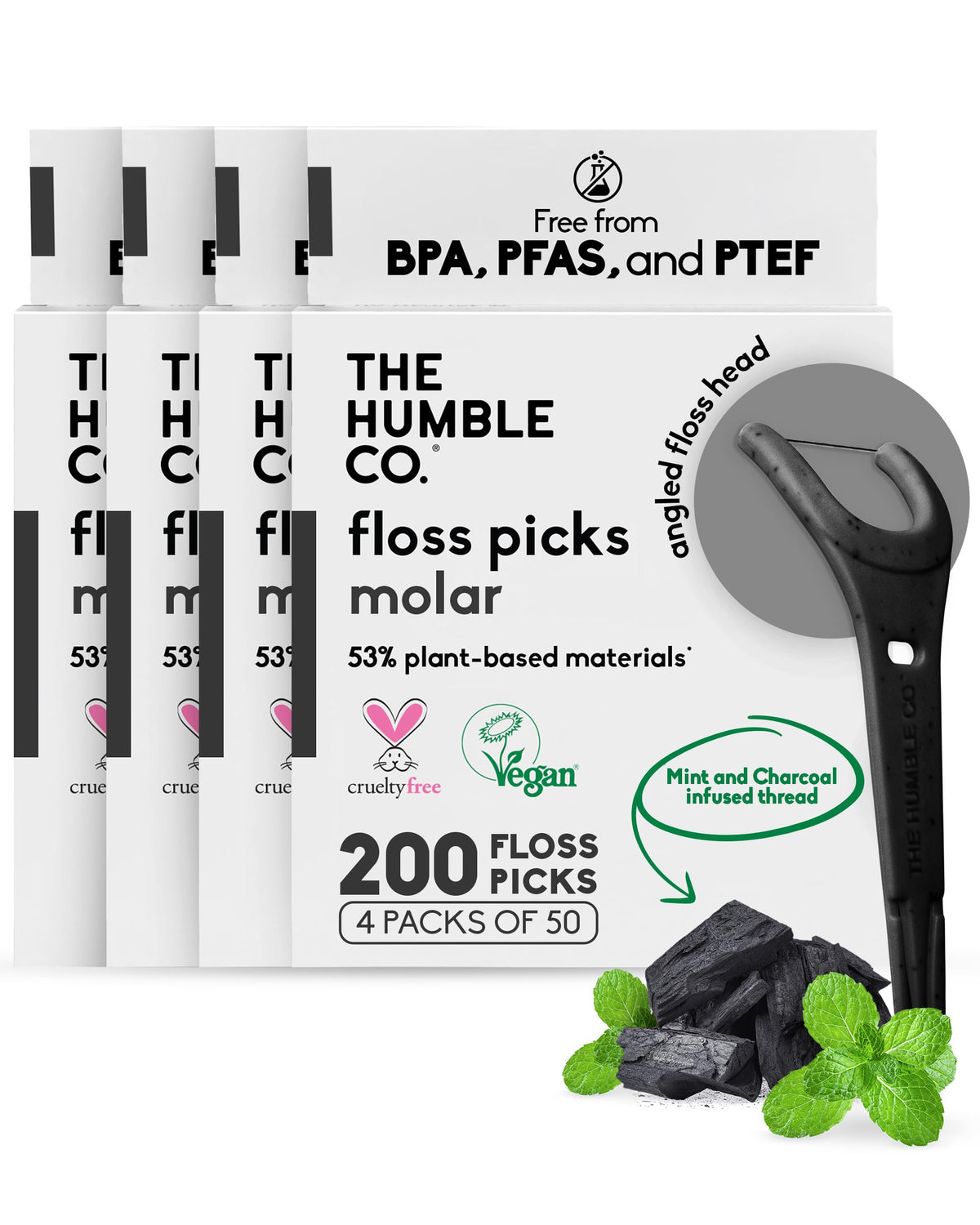 The Humble Co. Dental Floss Picks, Double Thread, Charcoal (200 Count)
