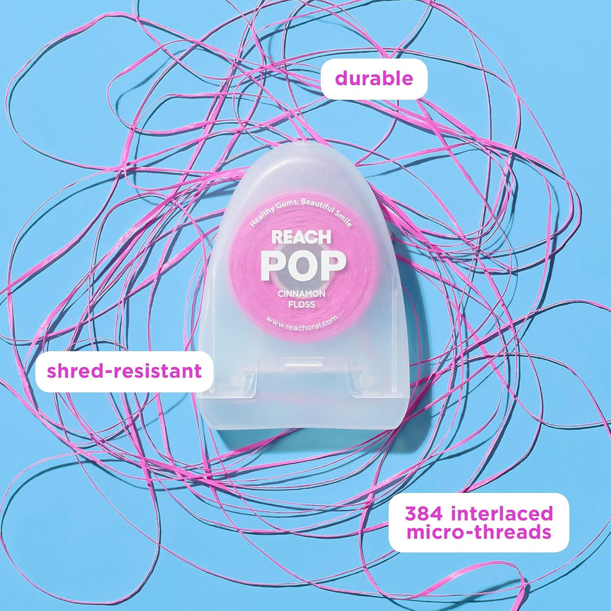 REACH POP Dental Floss, Cinnamon, Plaque Remover for Teeth, Shred Resistant, Vegan Wax, Cruelty Free, Eco Friendly Packaging, Oral Care, PFAS Free, for Adults & Kids, 3 Pack, 54.6 yd