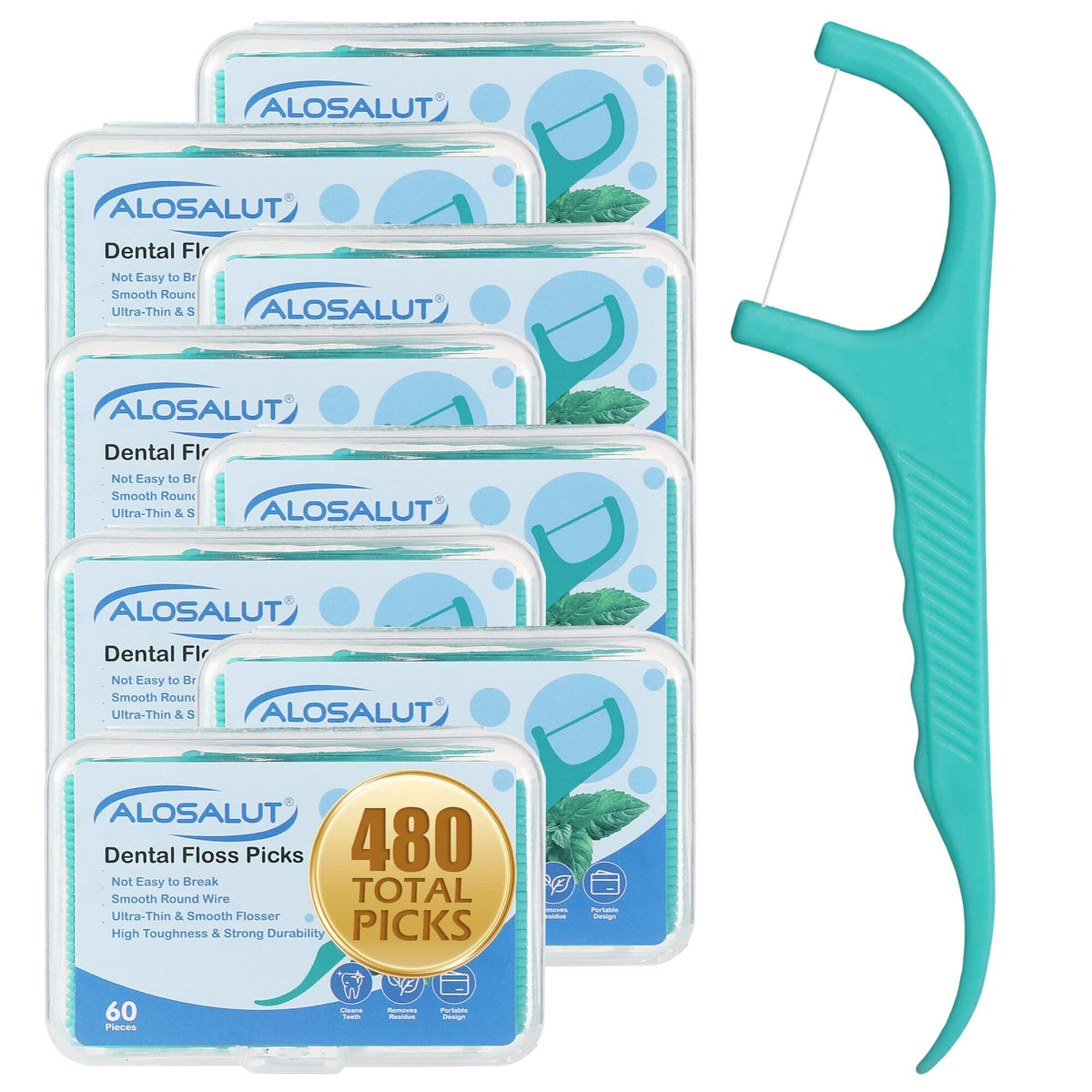 480 Count Dental Floss Picks – Mint Flavored Flossers with Built-in Toothpick for Deep Cleaning – 8 Portable Boxes of 60 – Strong & Smooth Floss Sticks for Family Home Travel - Adults & Kids