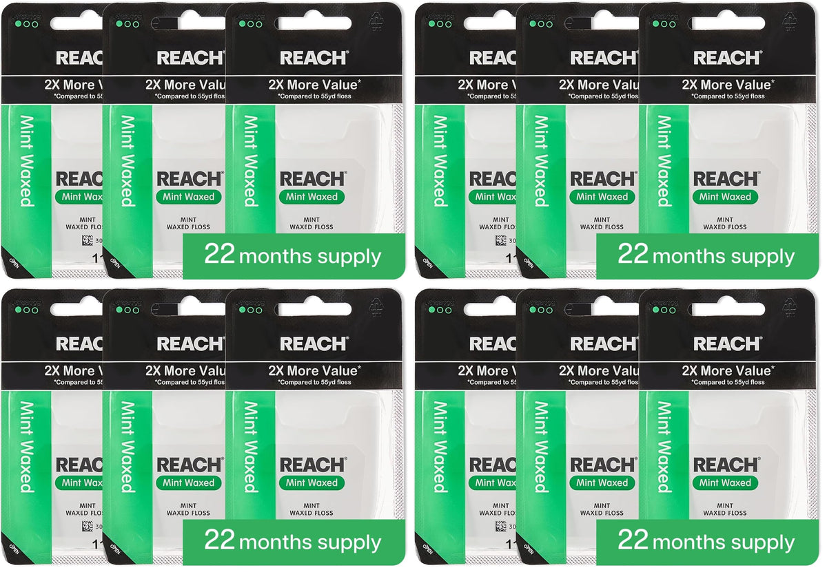 REACH Waxed Dental Floss, 2X More Value, Plaque Remover for Teeth, Shred Resistant, Floss Slides Smoothly, Easy to Use, Waxed, for Adults & Kids, Oral Care, PFAS Free, 3 Pack, 115 yd, Unflavored