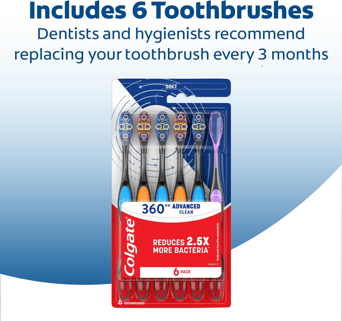 Colgate 360 Advanced Clean Floss Tip Soft Toothbrushes, 6 Pack