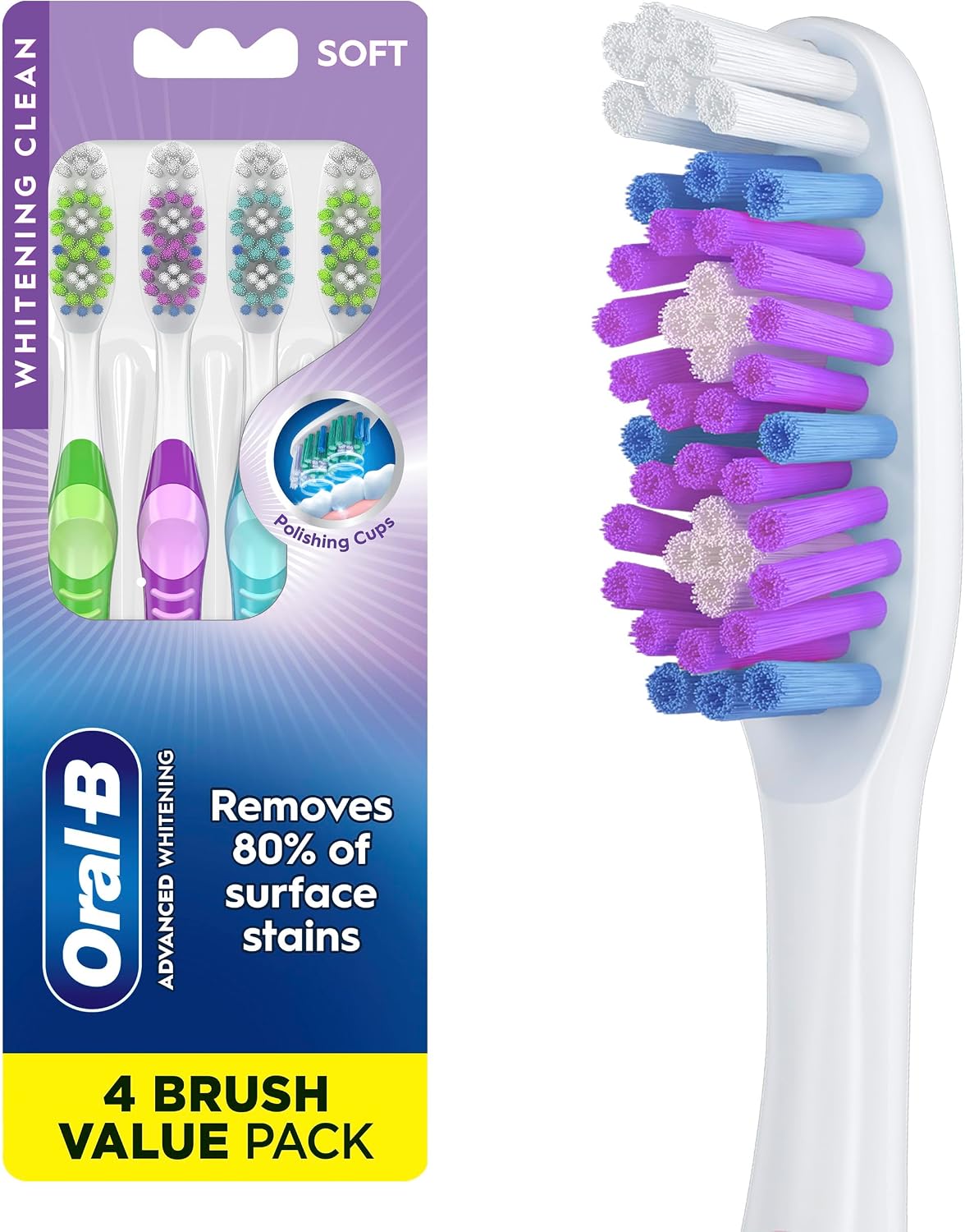 Oral-B 3D White Manual Toothbrush, 4-Pack, Stain Eraser, Soft Bristle Brushes, Adult Teeth Whitening, Daily Plaque Removal, Built-in Tongue Scraper Cheek Cleaner, Travel Size Toiletries