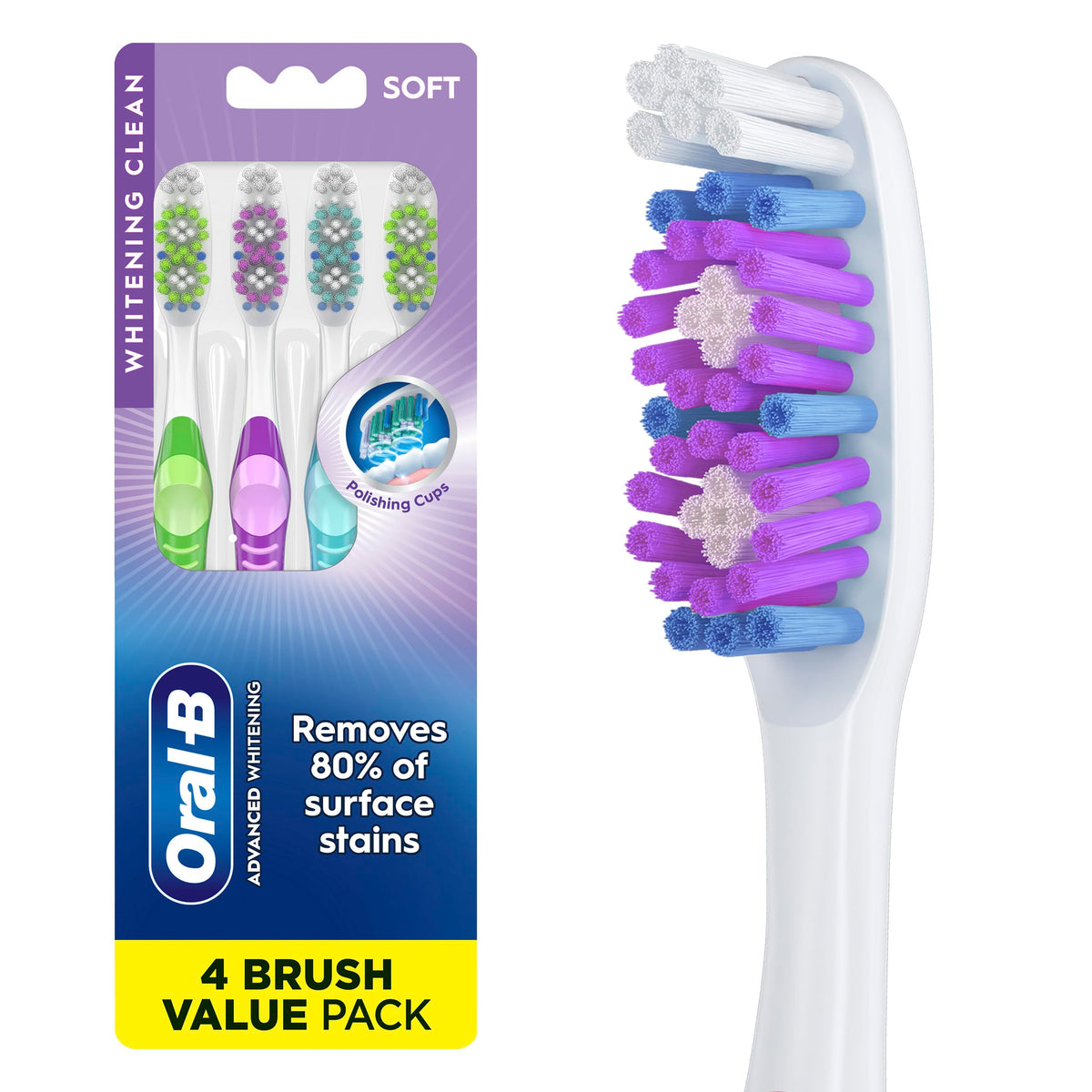 Oral-B 3D White Manual Toothbrush, 4-Pack, Stain Eraser, Soft Bristle Brushes, Adult Teeth Whitening, Daily Plaque Removal, Built-in Tongue Scraper Cheek Cleaner, Travel Size Toiletries