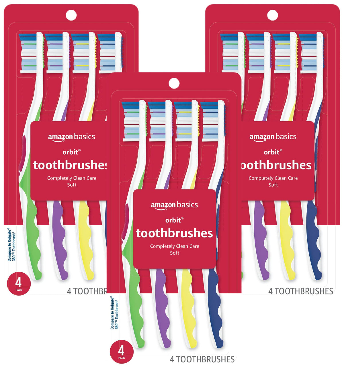 Amazon Basics Orbit Toothbrushes, Soft Bristles, Full Size, 4 Count, Assorted Colors (Previously Solimo)