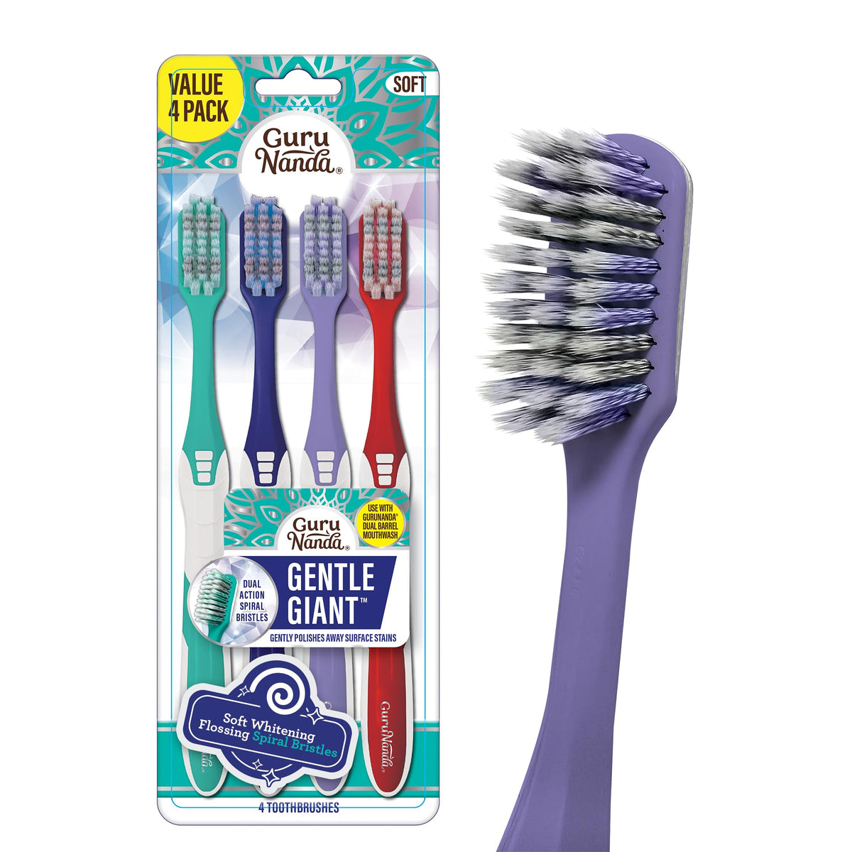 GuruNanda Gentle Giant Toothbrush with Dual Action Flossing Spiral Bristles, Non-Slip Ergo Dexa Grip, Helps in Teeth Whitening, BPA Free Manual Toothbrushes, Assorted Colors, 4 Count