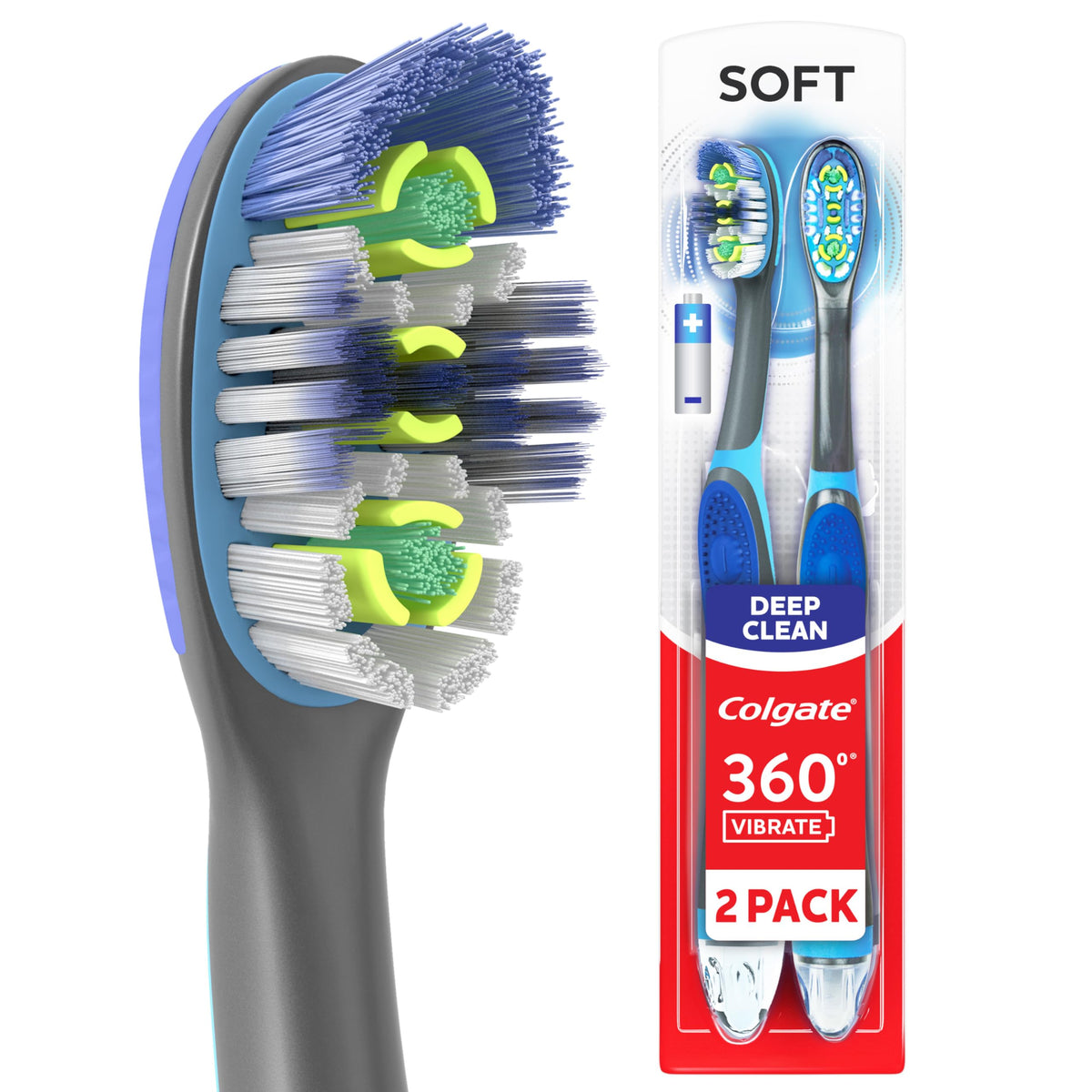 Colgate 360 Vibrate Charcoal Battery Powered Electric Toothbrush, Soft, 2Pk