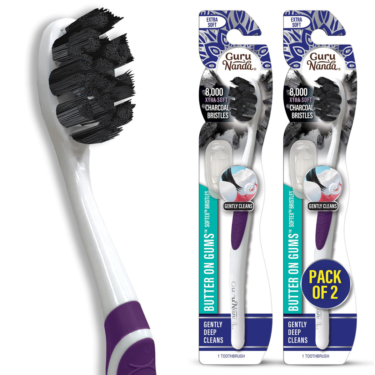 GuruNanda Butter on Gums Charcoal Toothbrush - 8000+ SoftexTM Bristles for Sensitive Teeth & Gums, Aids in Teeth Whitening, Extra Soft (6 Count)