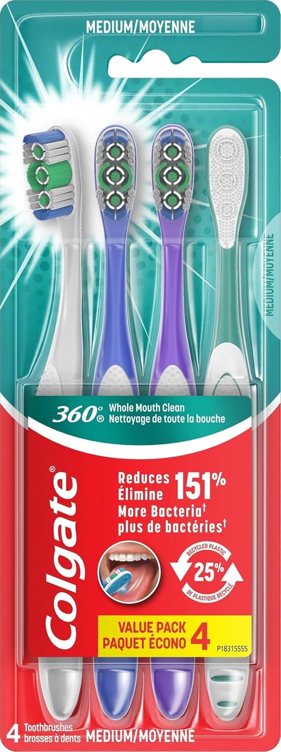 Colgate 360 Deep Clean 4-in-1 Bacteria Removal Toothbrushes, Medium, 4 Pack
