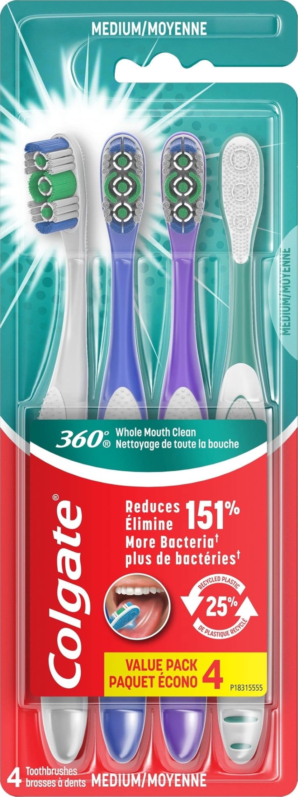 Colgate 360 Deep Clean 4-in-1 Bacteria Removal Toothbrushes, Medium, 4 Pack