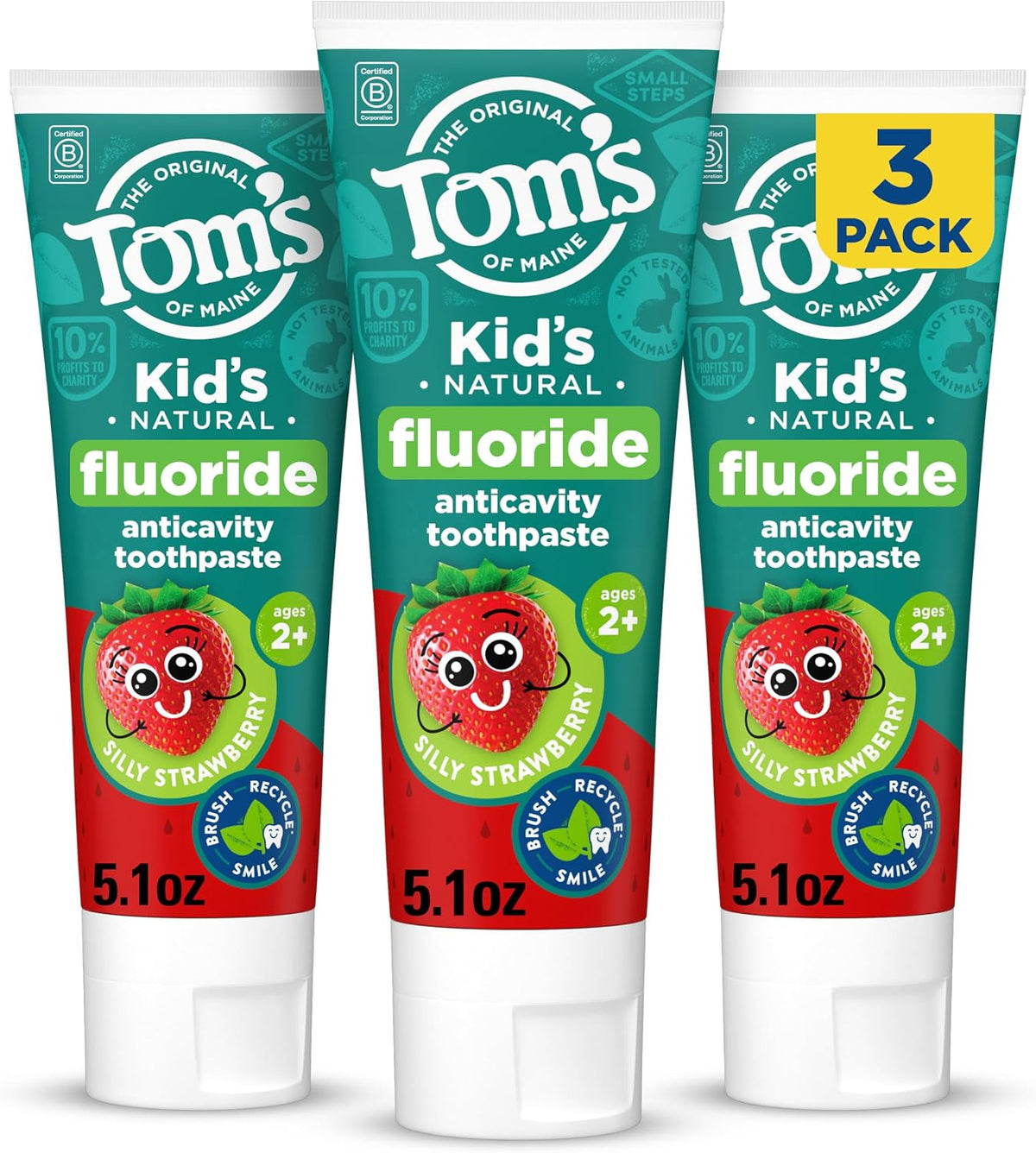 Tom's of Maine Natural Kids Fluoride Toothpaste, Strawberry, 3 Pack, 5.1 oz
